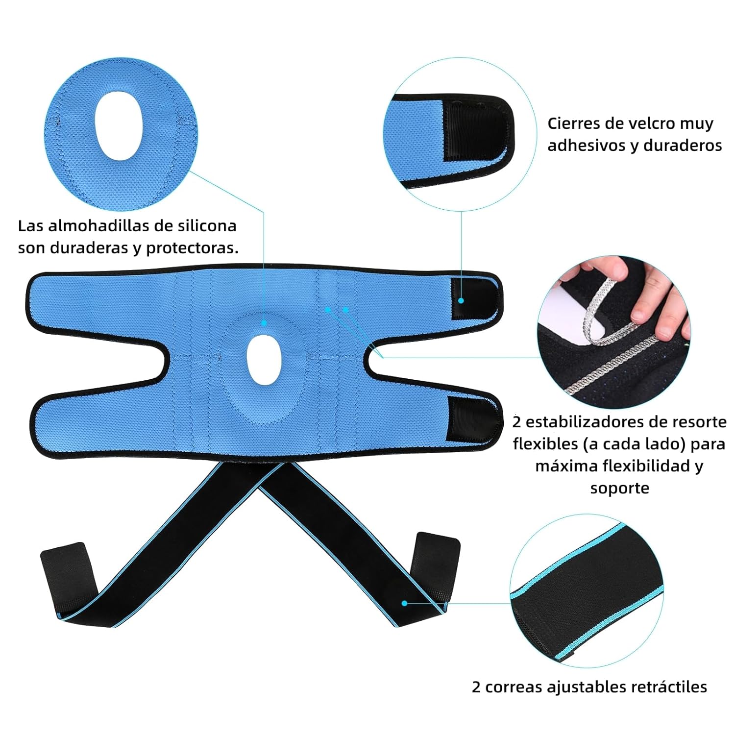 Detalle de la rodillera TOVIKI con correas ajustables y soporte rotuliano