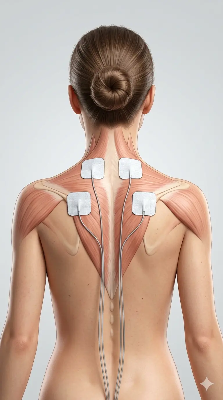 Colocación bilateral del TENS en trapecio para dolor o tensión en espalda alta