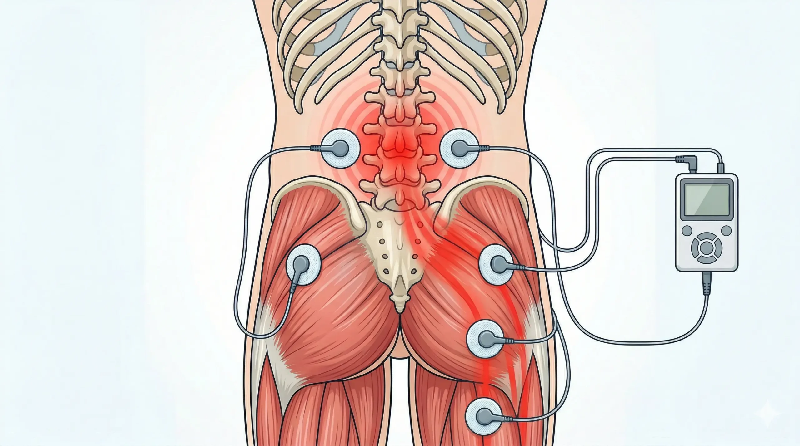 Colocación de electrodos TENS en glúteo y parte posterior de la pierna para ciática