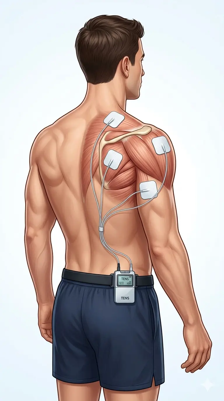 Colocación de electrodos TENS en la parte posterior del hombro