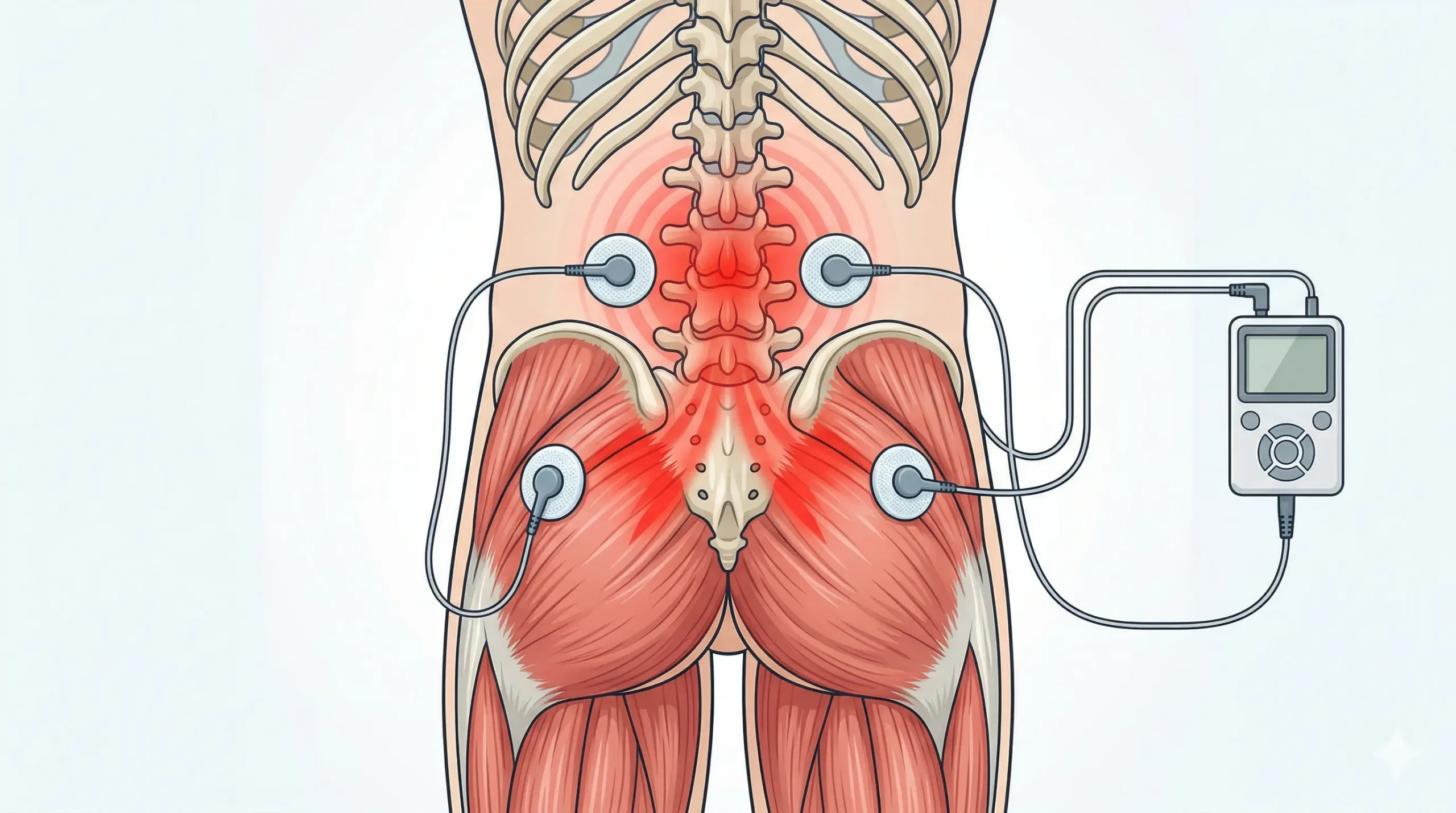 Colocación de electrodos TENS en lumbares y glúteo para ciática