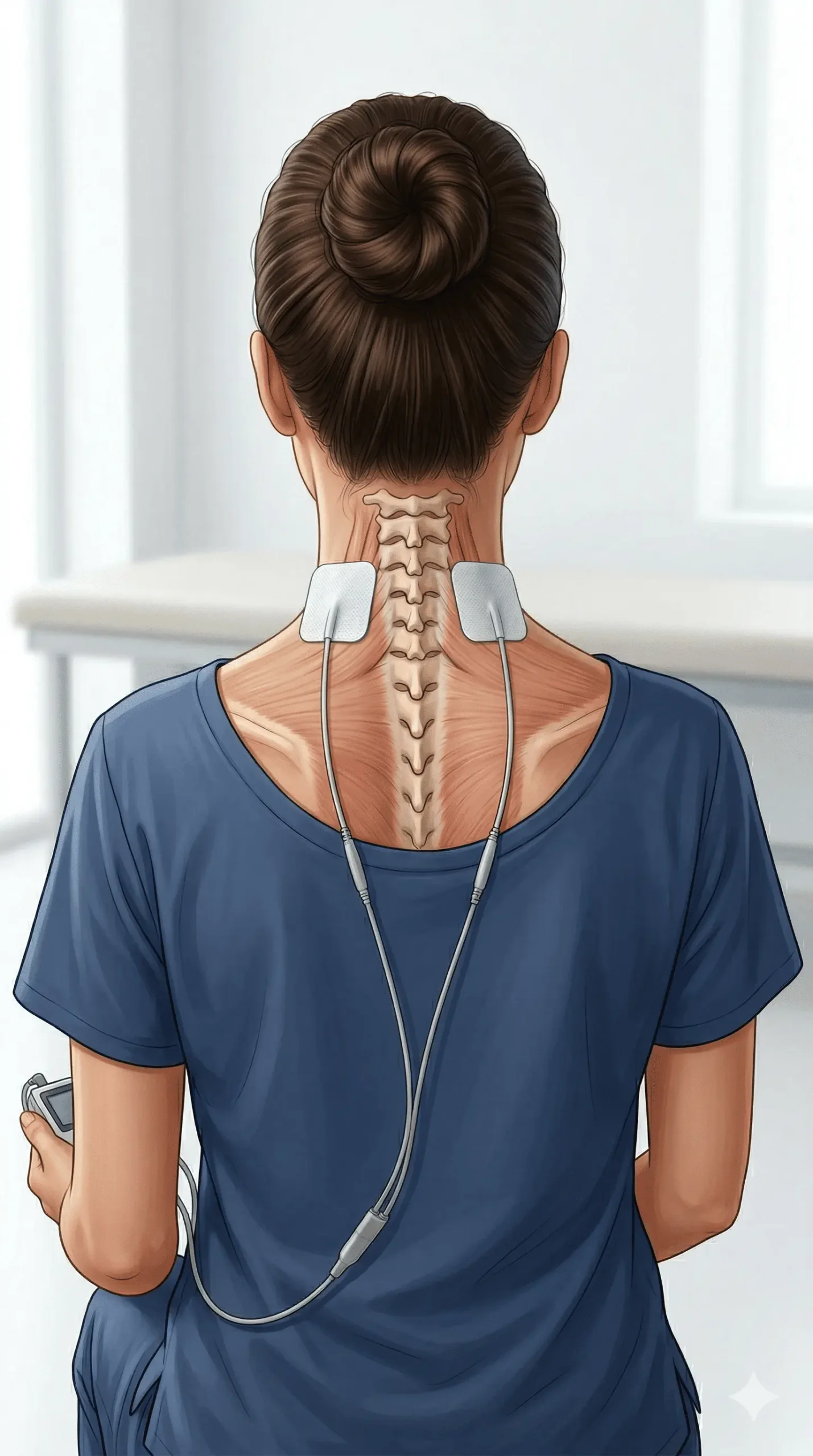 Colocación del TENS en cervicales con dos electrodos a ambos lados de la columna cervical
