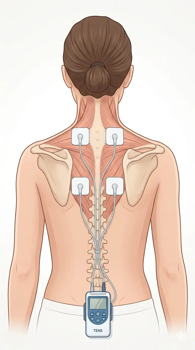 Cómo colocar TENS en espalda alta con electrodos en trapecio y dorsal alta