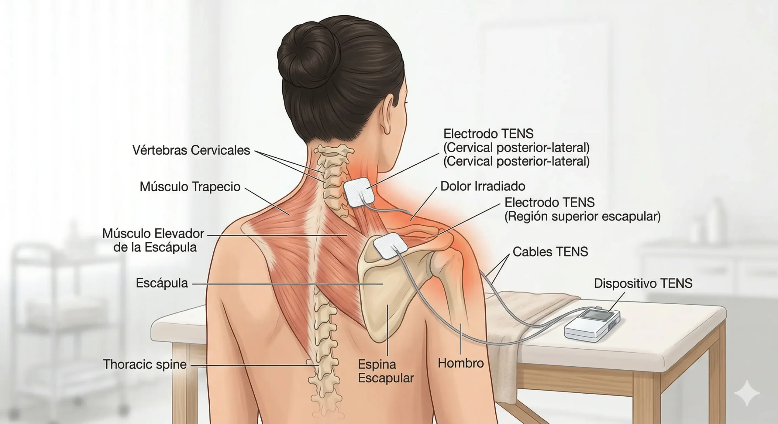Colocación del TENS en cervicales con dolor irradiado hacia hombro y escápula