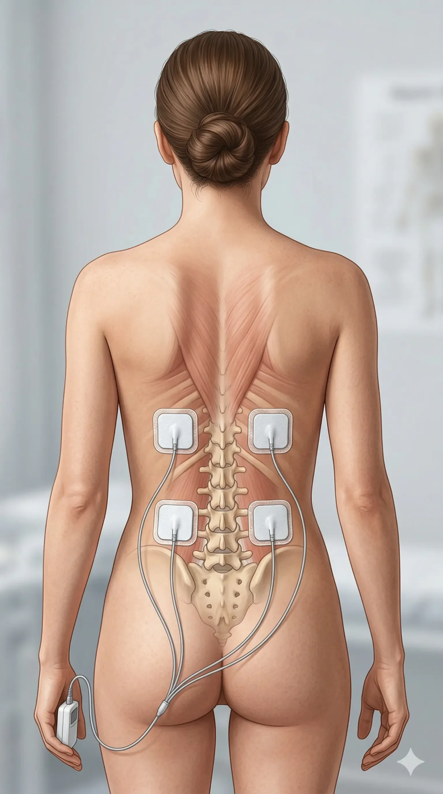Colocación bilateral de electrodos TENS para lumbalgia general o espalda baja