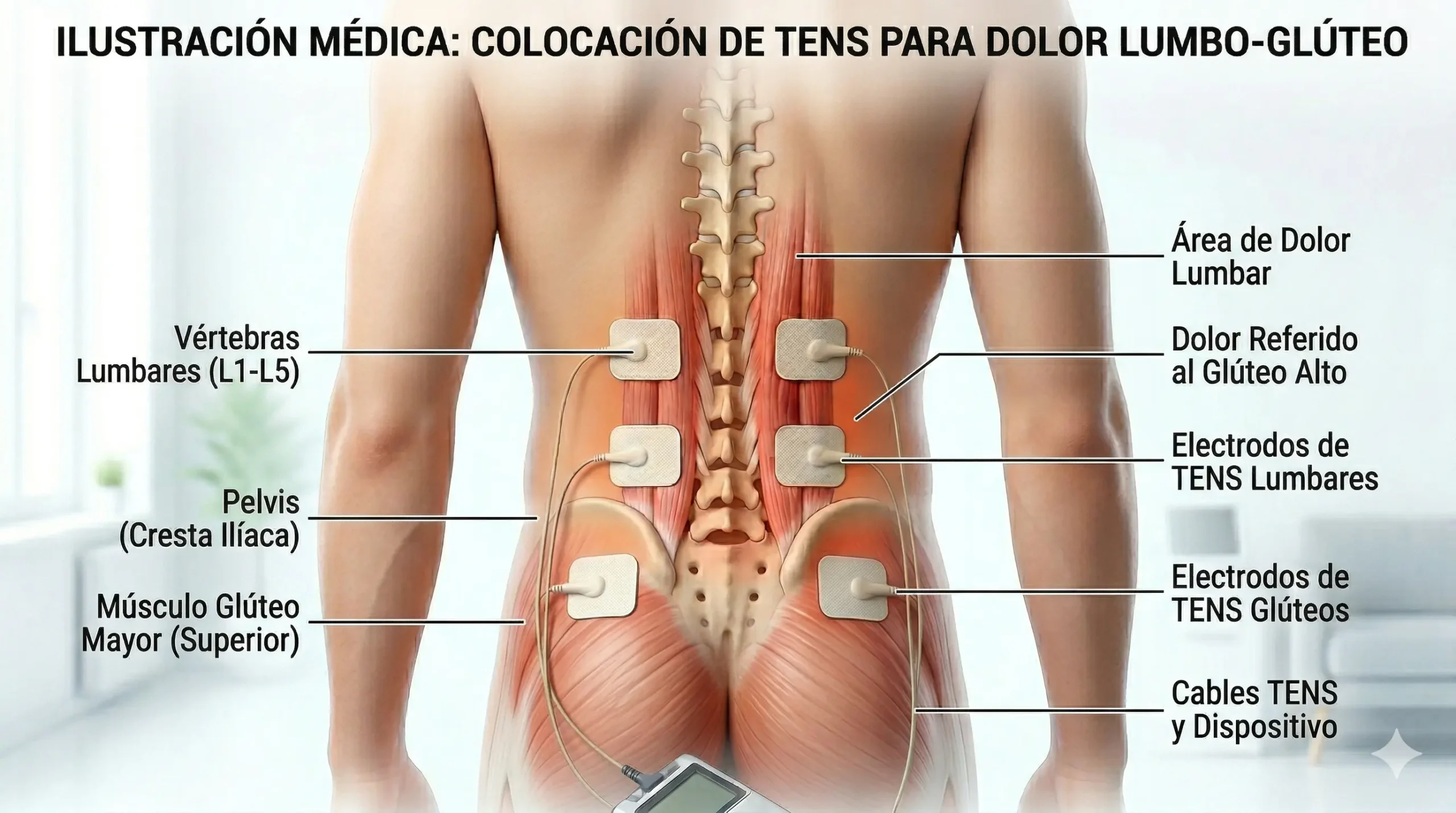 Colocación del TENS en lumbares con dolor que se extiende hacia glúteo alto
