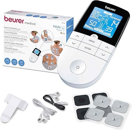 Beurer EM 49 TENS/EMS digital, dispositivo de corriente de estimulación 3 en 1 para el alivio del dolor y entrenamiento, función de masaje, incluye 4 electrodos, Color Blanco