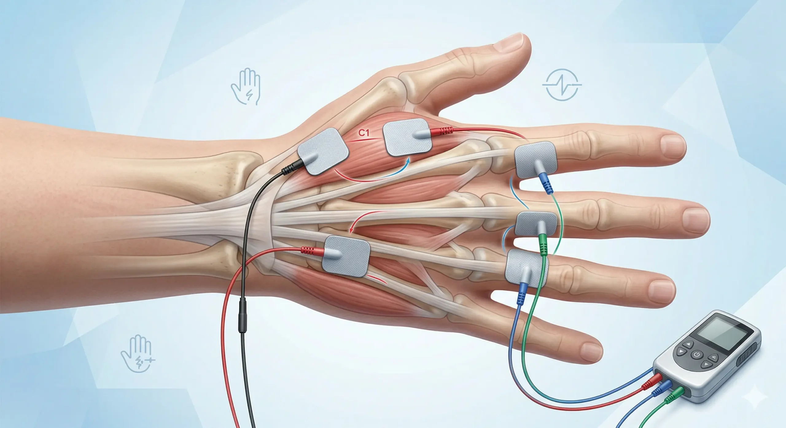 Colocación de electrodos TENS en el dorso de la mano