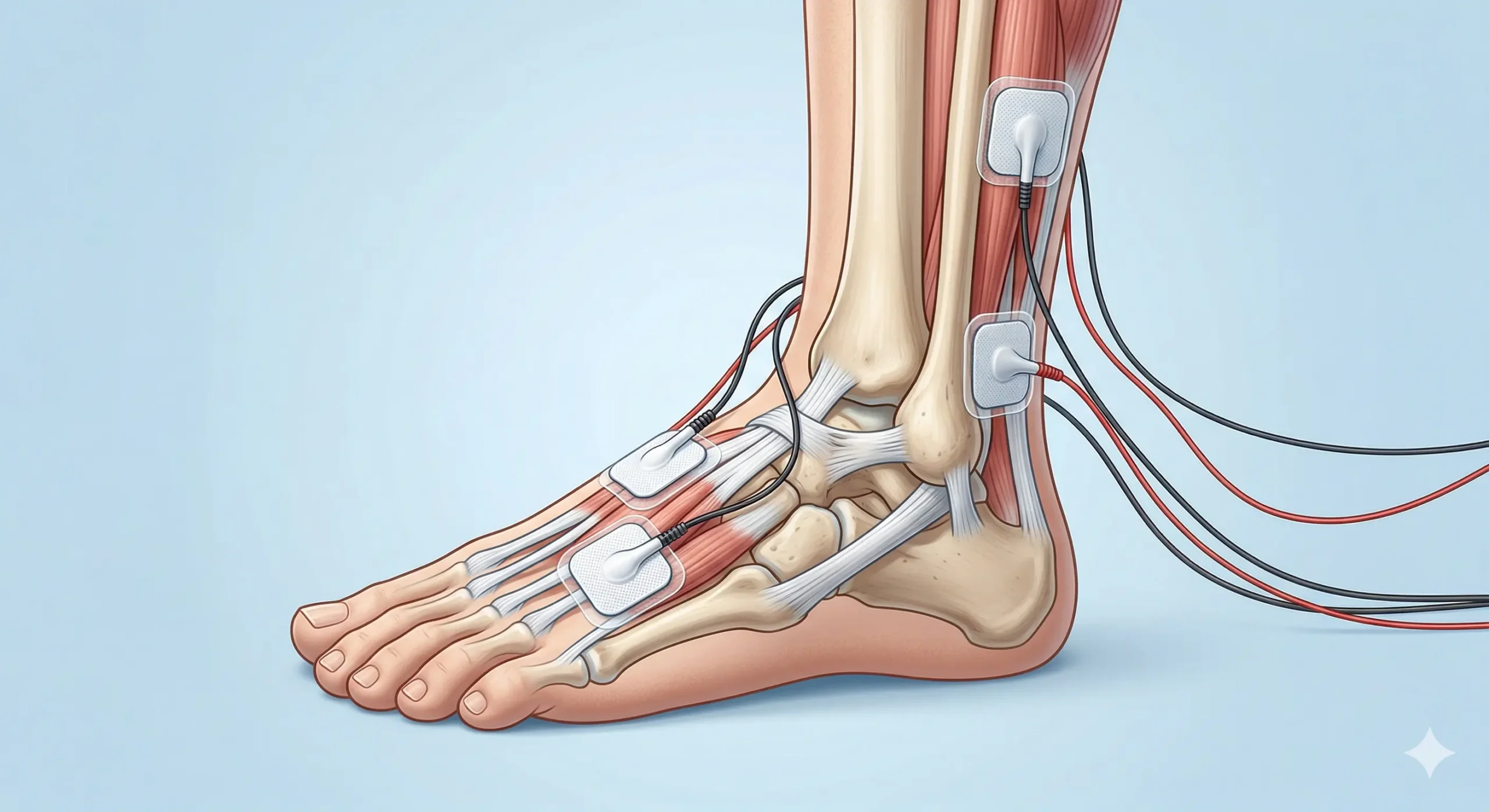 Colocación de electrodos TENS en el dorso del pie