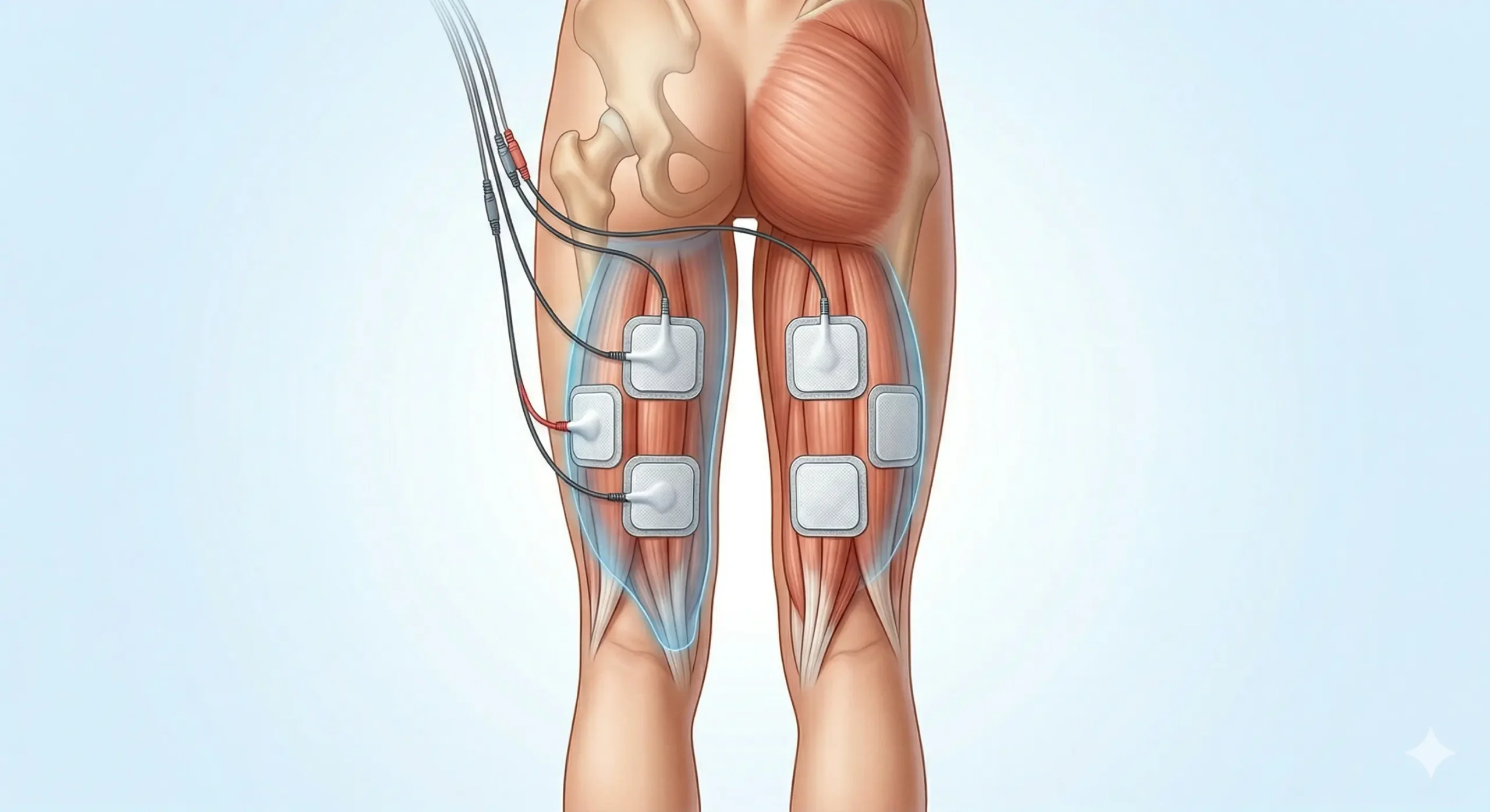 Colocación de electrodos TENS en la parte externa de los isquiotibiales o bíceps femoral
