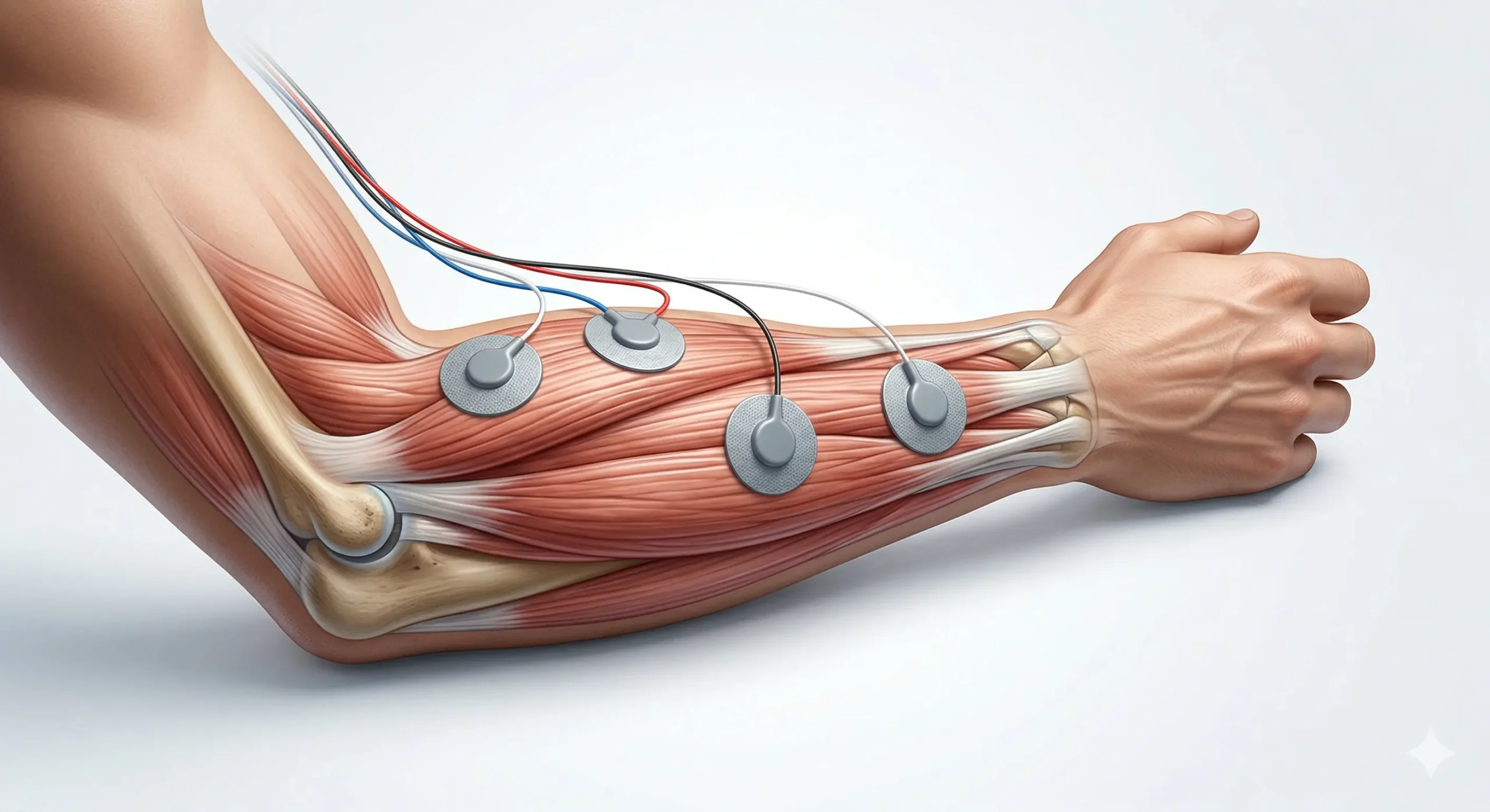 Colocación de electrodos TENS en la parte externa del antebrazo