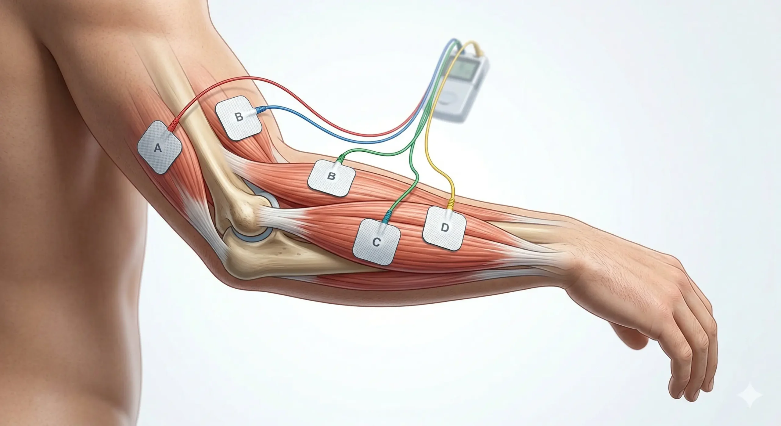 Colocación de electrodos TENS en la parte externa del codo para epicondilitis lateral