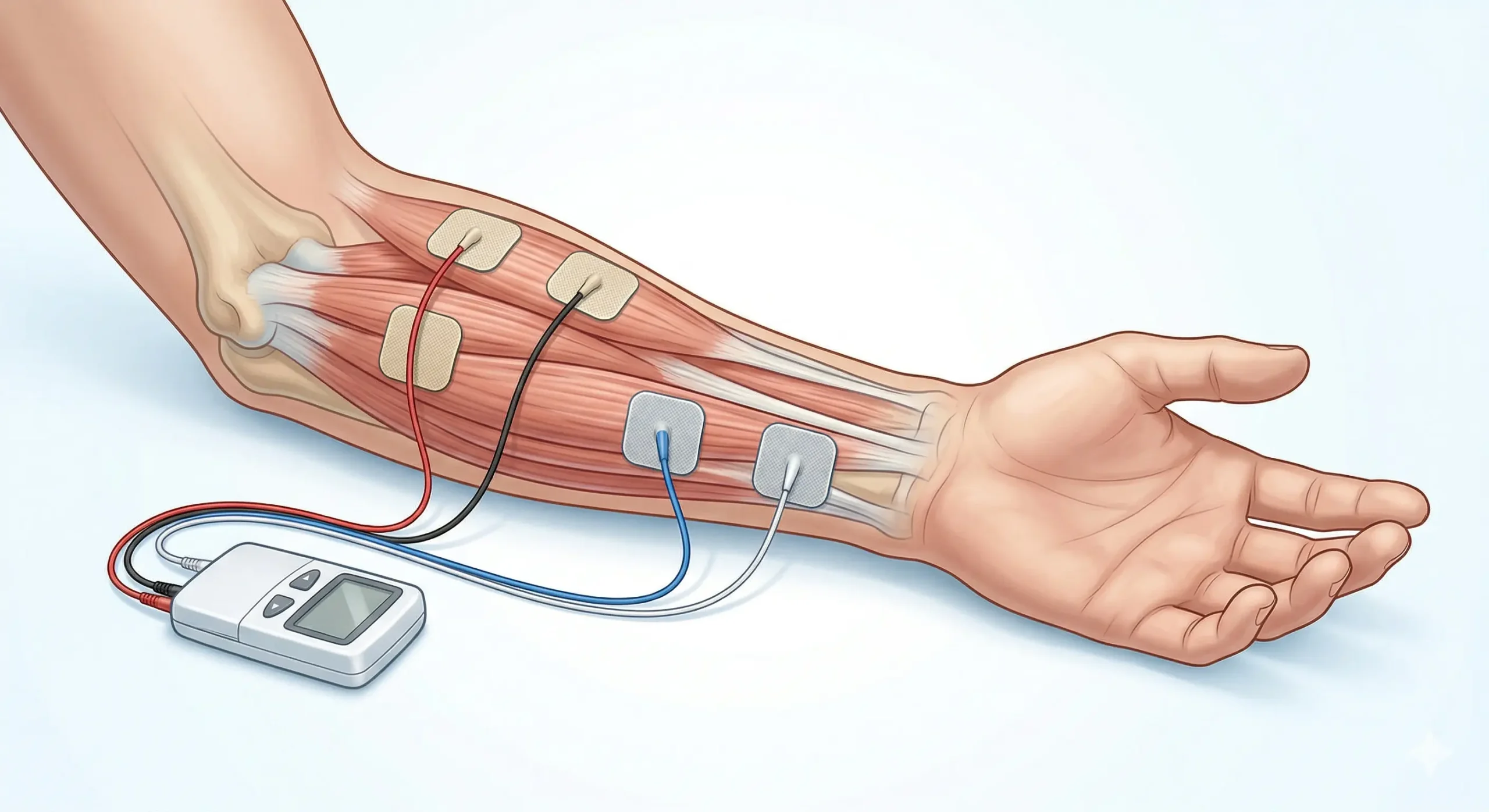 Colocación de electrodos TENS en la parte interna del antebrazo