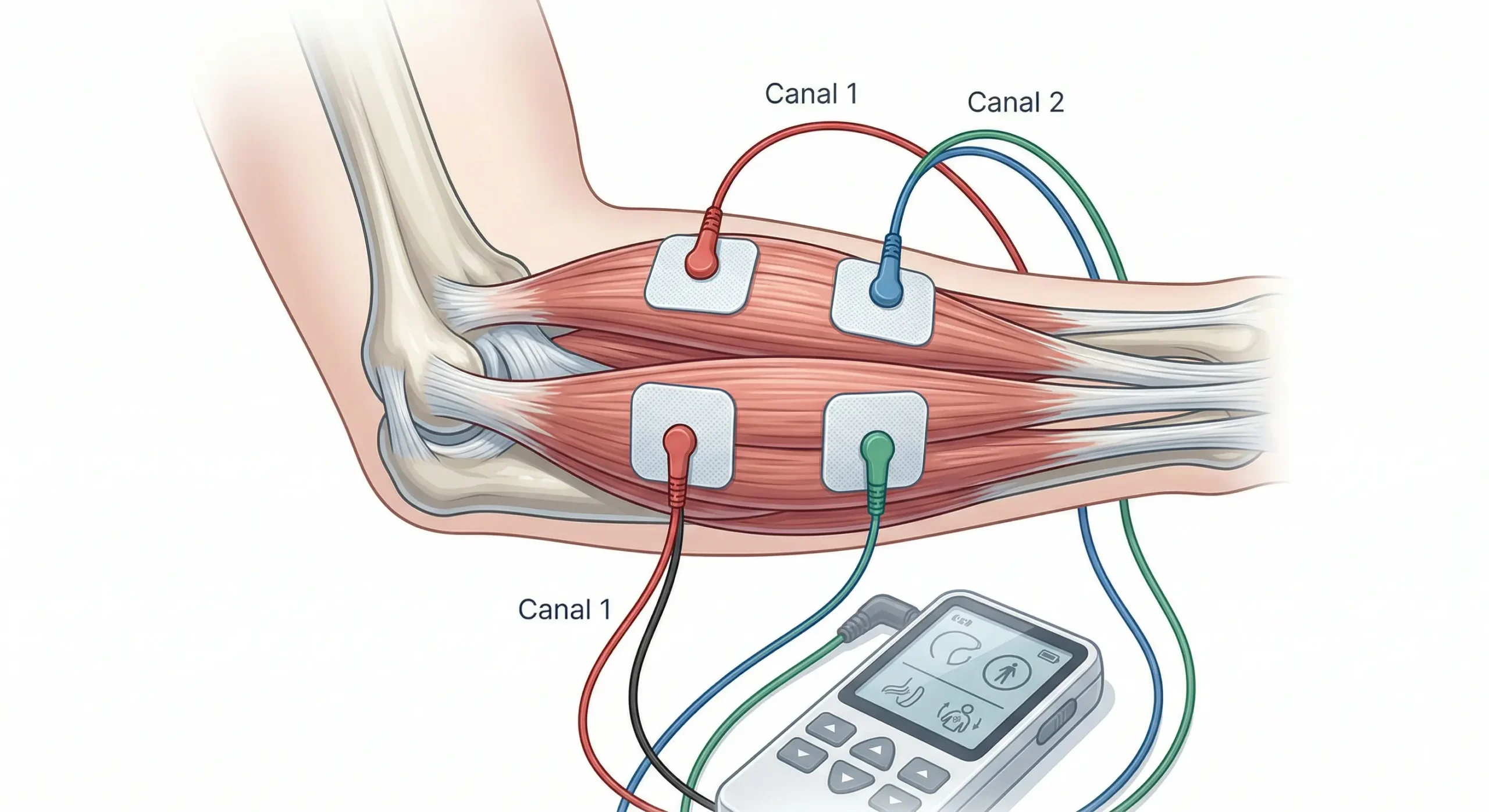 Colocación de electrodos TENS en la parte interna del codo para epitrocleitis