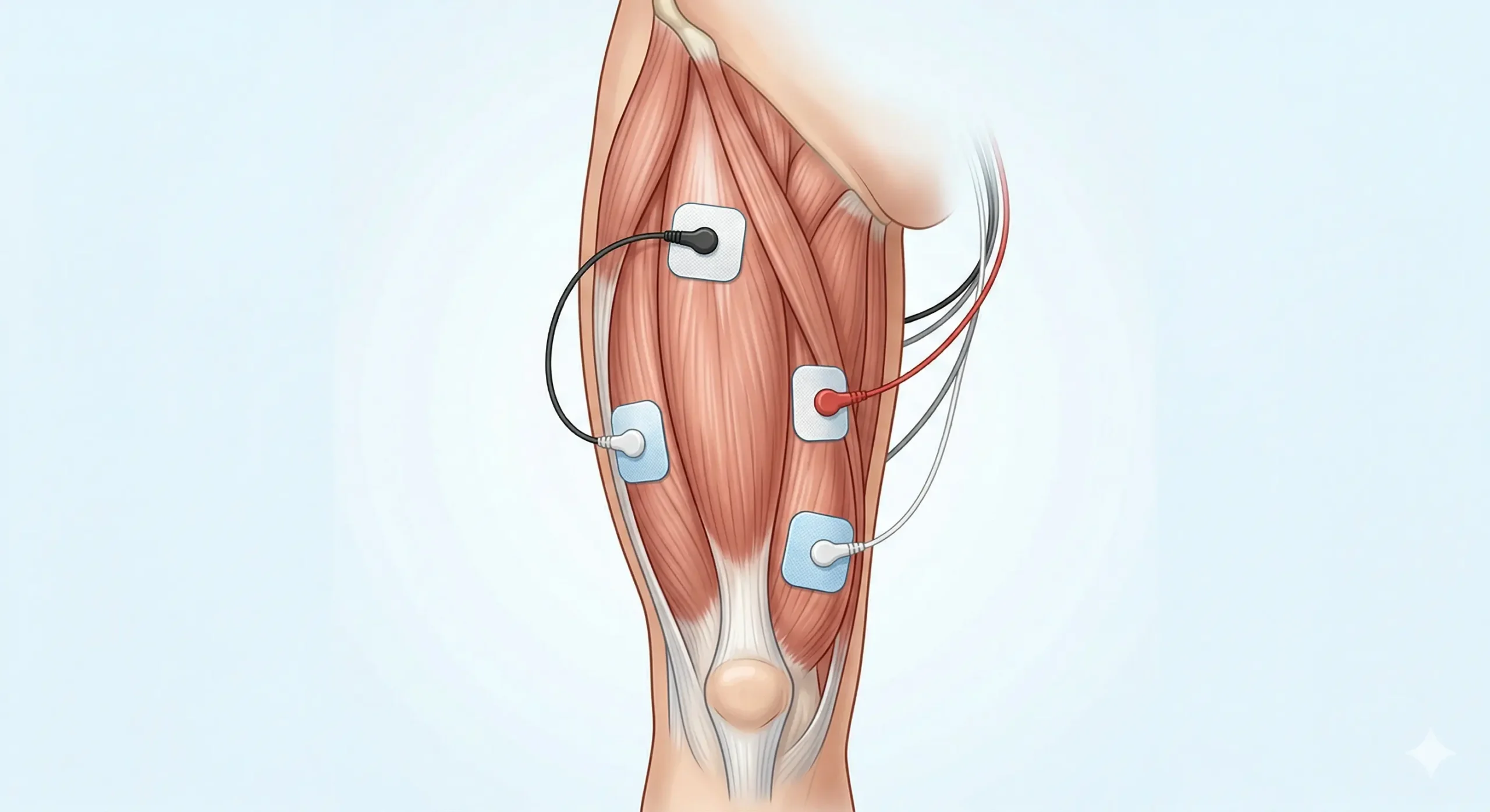 Colocación de electrodos TENS en la parte interna del cuádriceps o vasto medial
