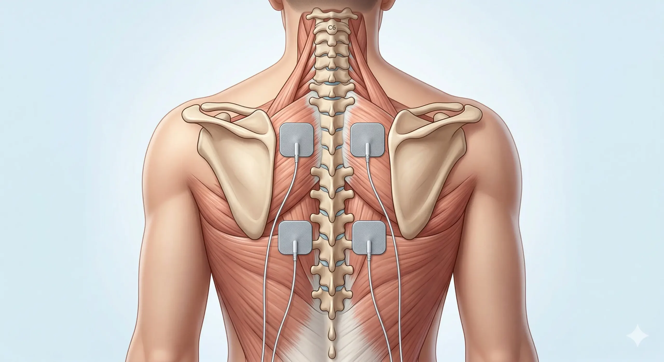 Colocación de electrodos TENS entre omóplatos en la zona dorsal