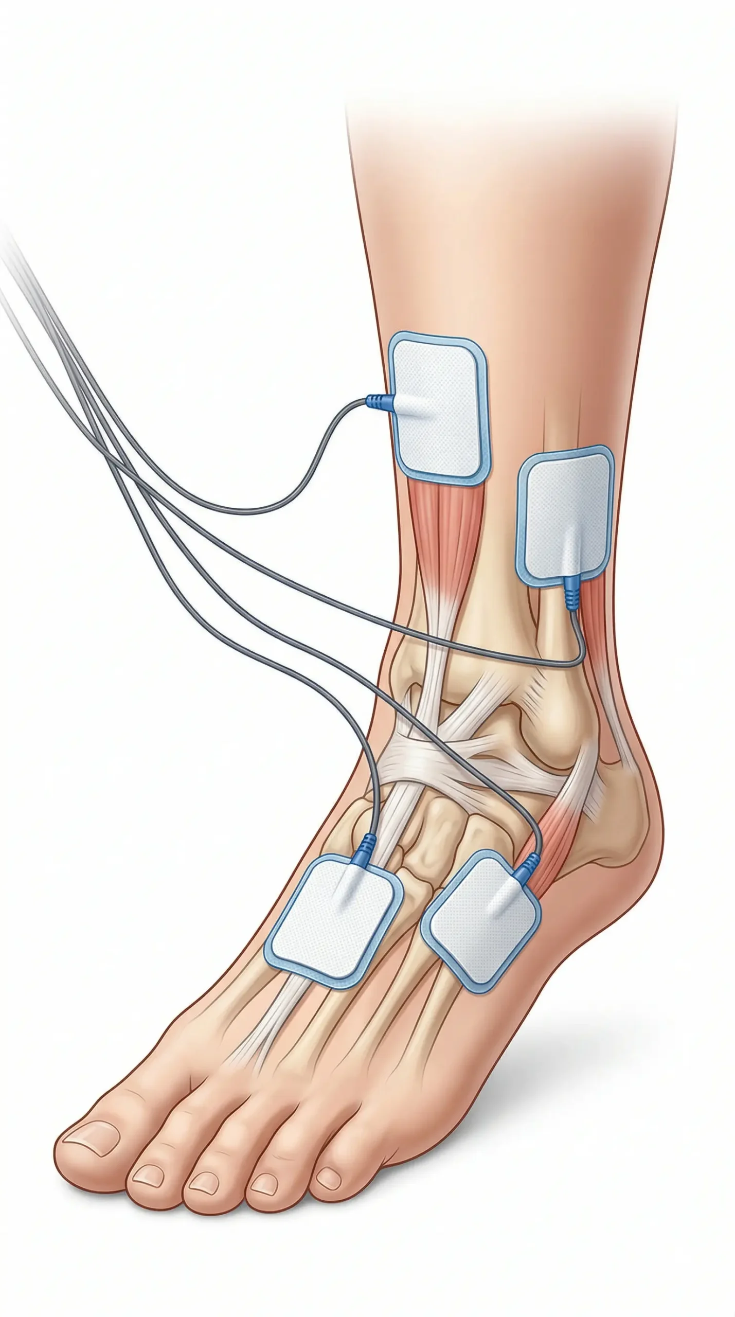 Cómo colocar TENS en tobillo y pie con electrodos alrededor de la articulación y el dorso del pie