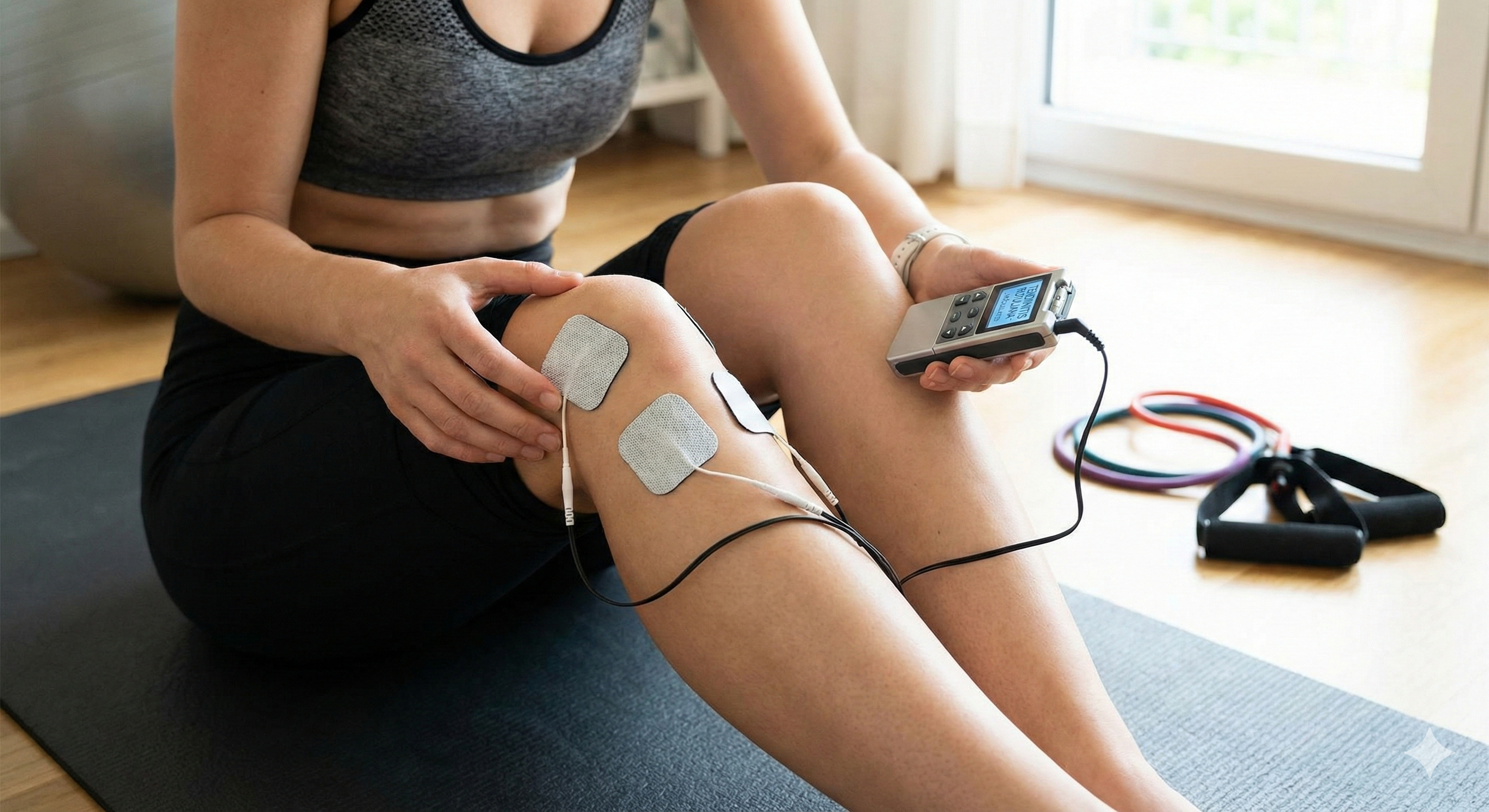 Referencia visual de TENS para tendinitis rotuliana: electrodos rodeando el tendón rotuliano