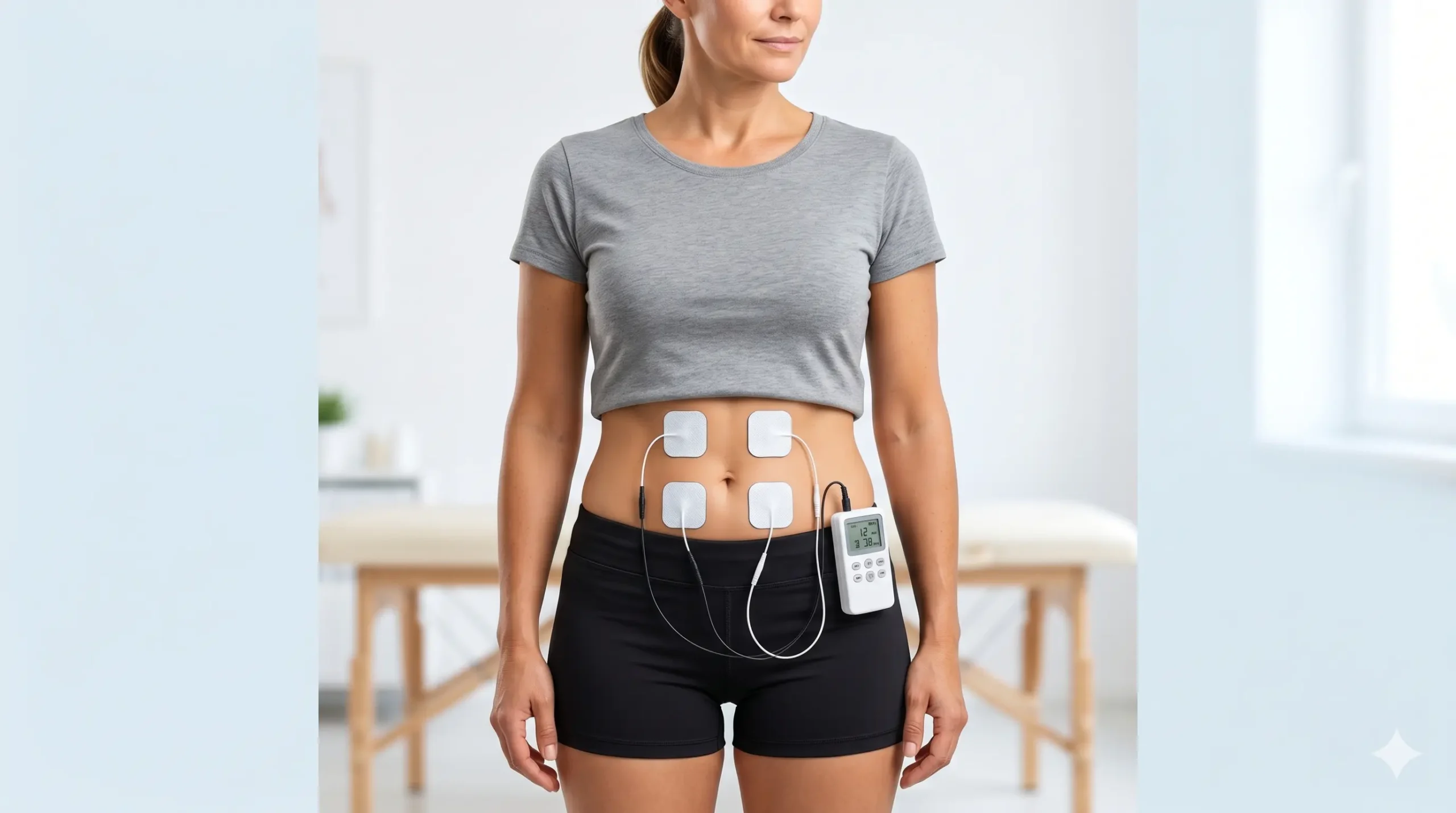 Colocación de electrodos TENS para dolores menstruales: abdomen bajo y zona lumbar