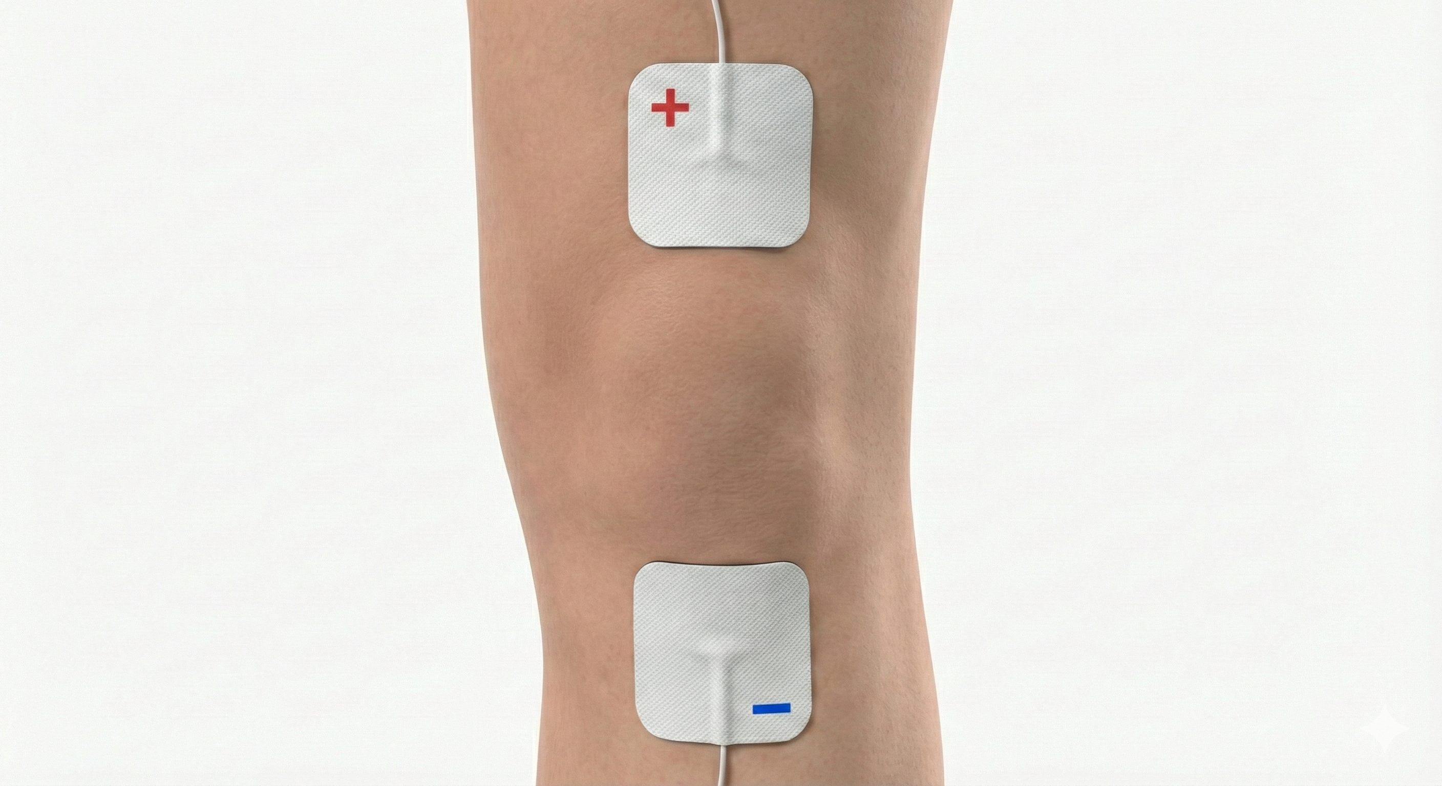 Colocación de electrodos TENS en dolor anterior de rodilla: dos electrodos alrededor de la rótula (arriba y abajo), sin cubrirla.