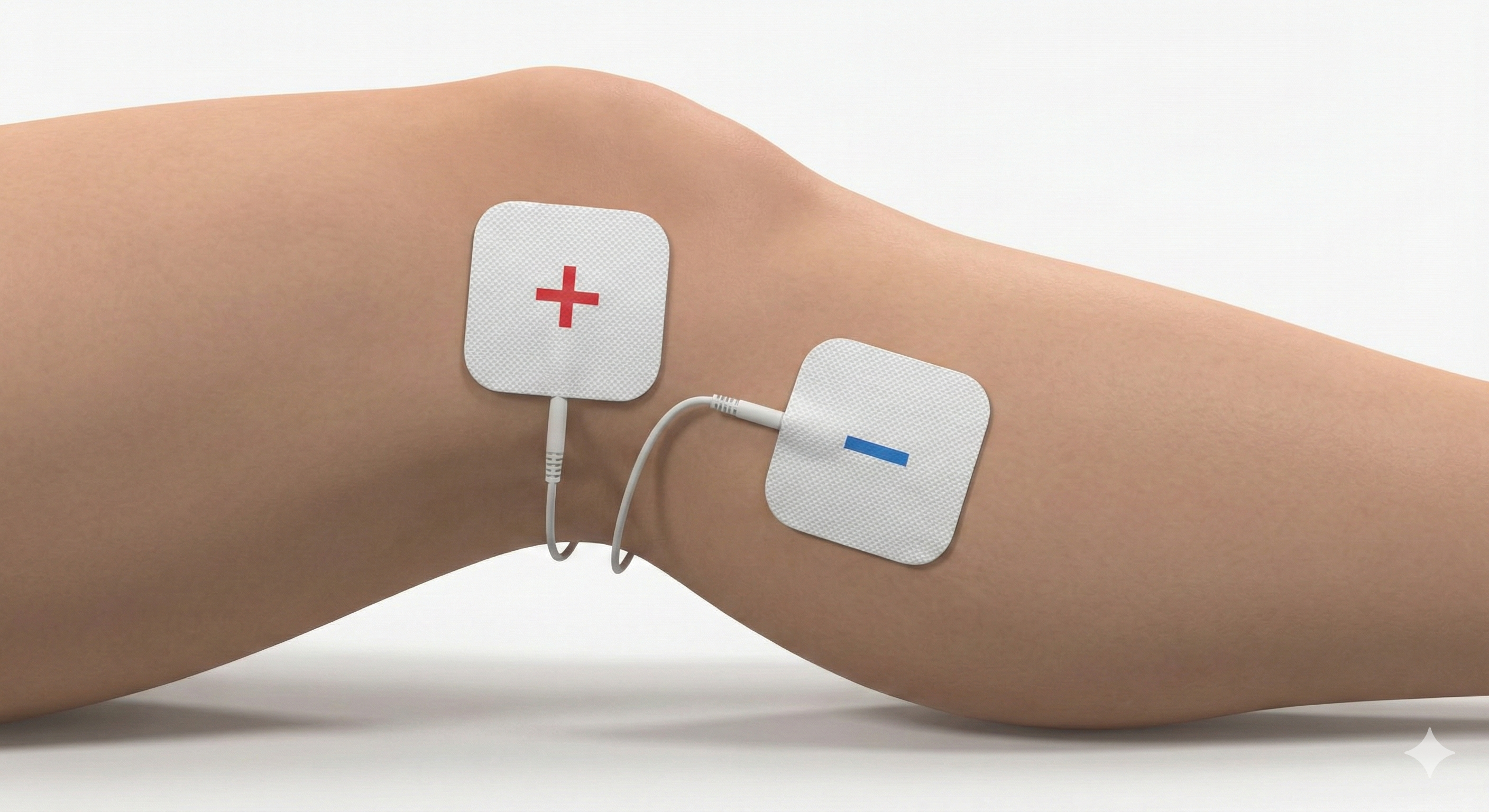 Colocación de electrodos TENS en dolor medial de rodilla (menisco interno): electrodos en la cara interna, alrededor de la interlínea.