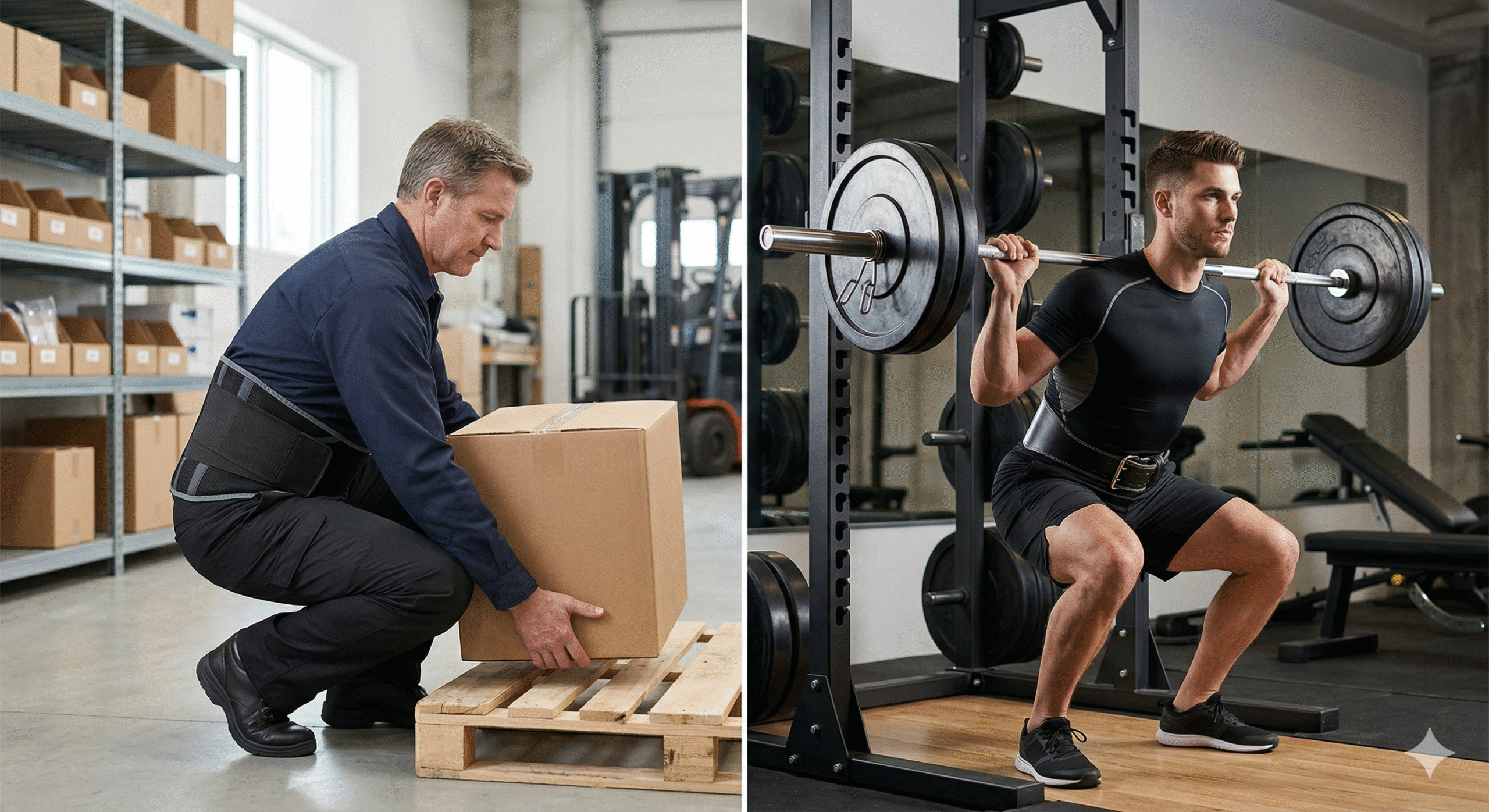 Diferencia entre levantar peso en trabajo y en gimnasio con soporte lumbar