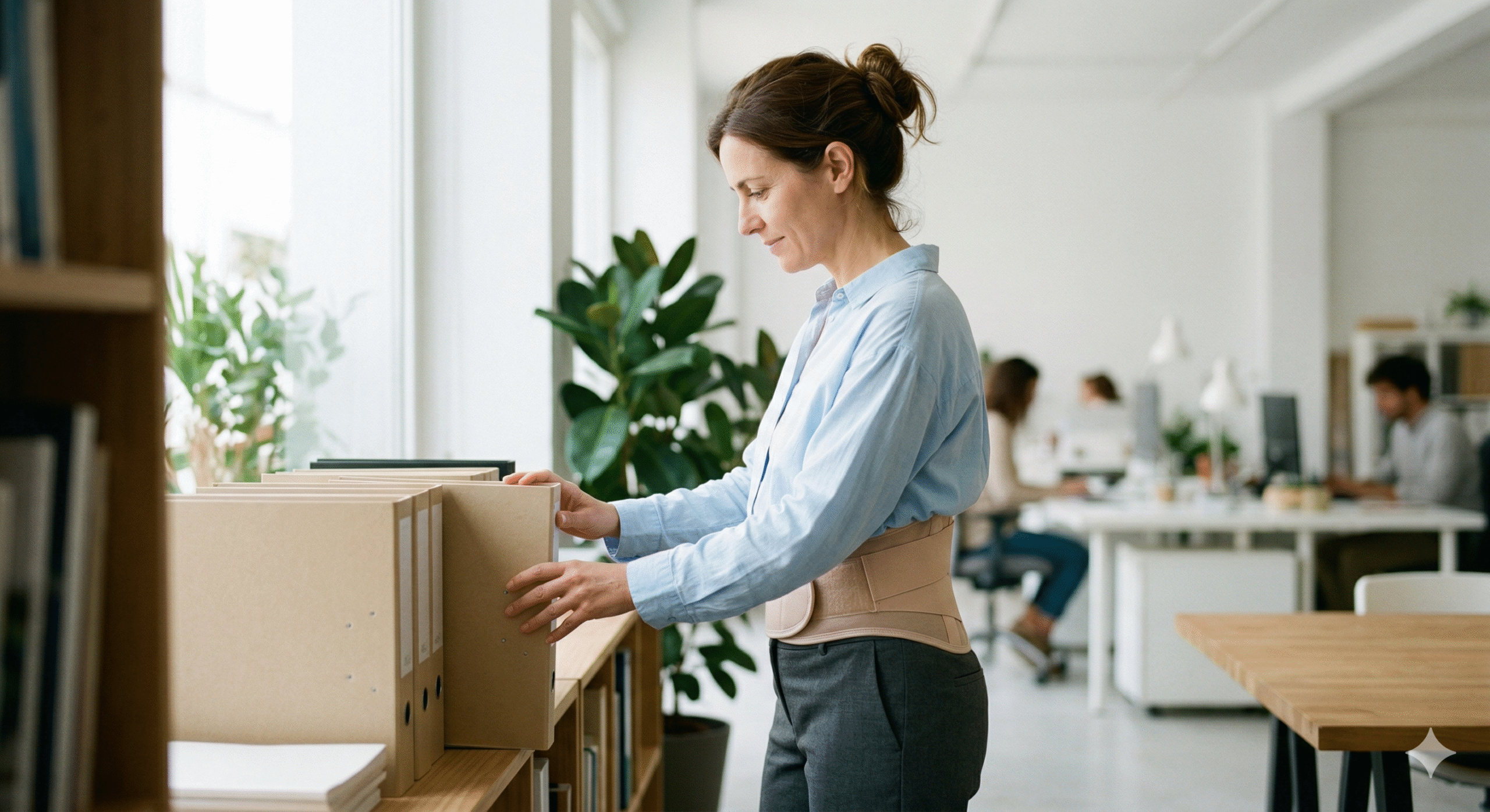 Persona usando una faja lumbar de forma cotidiana