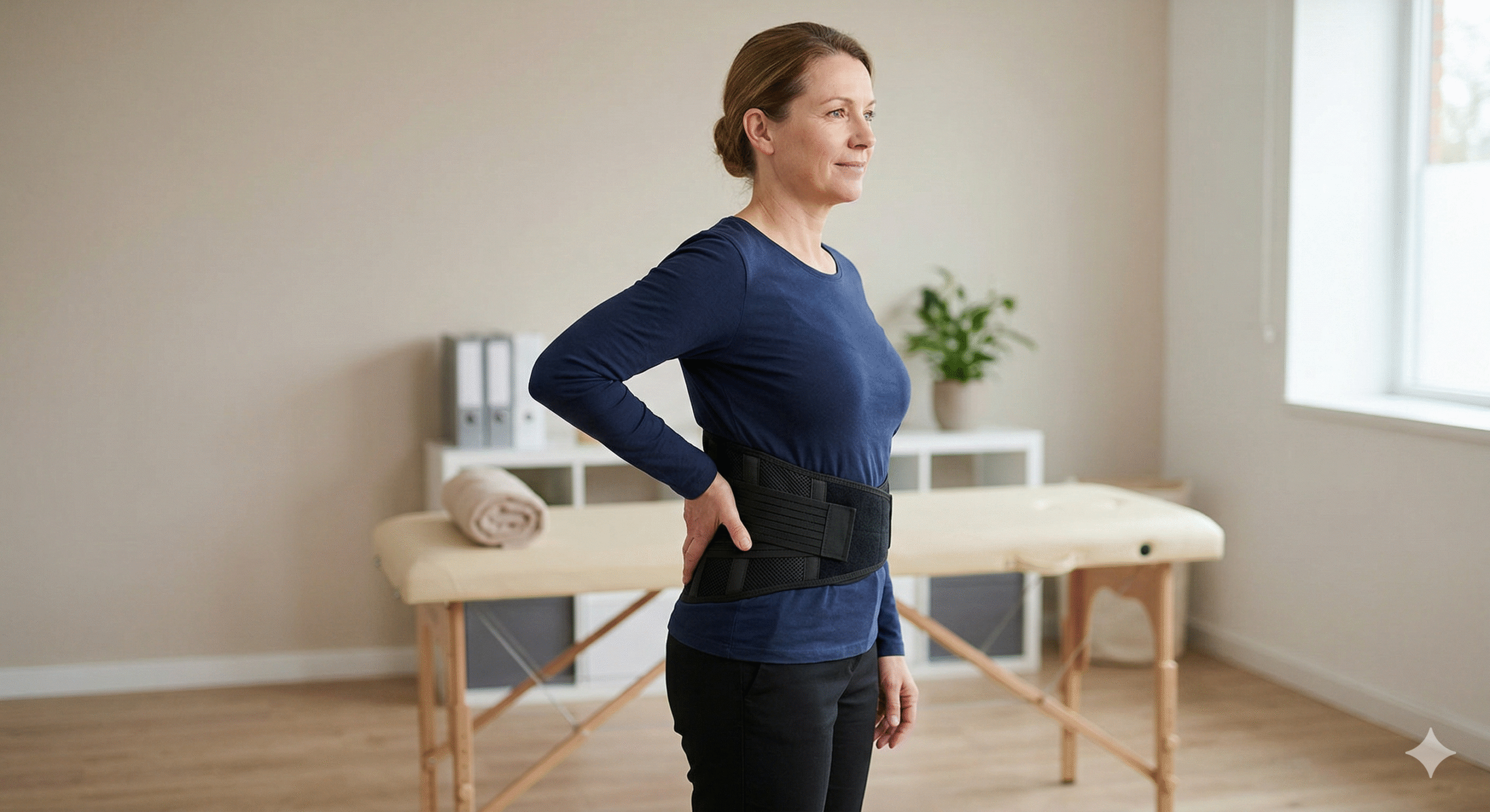 Persona usando una faja lumbar como apoyo en lumbalgia