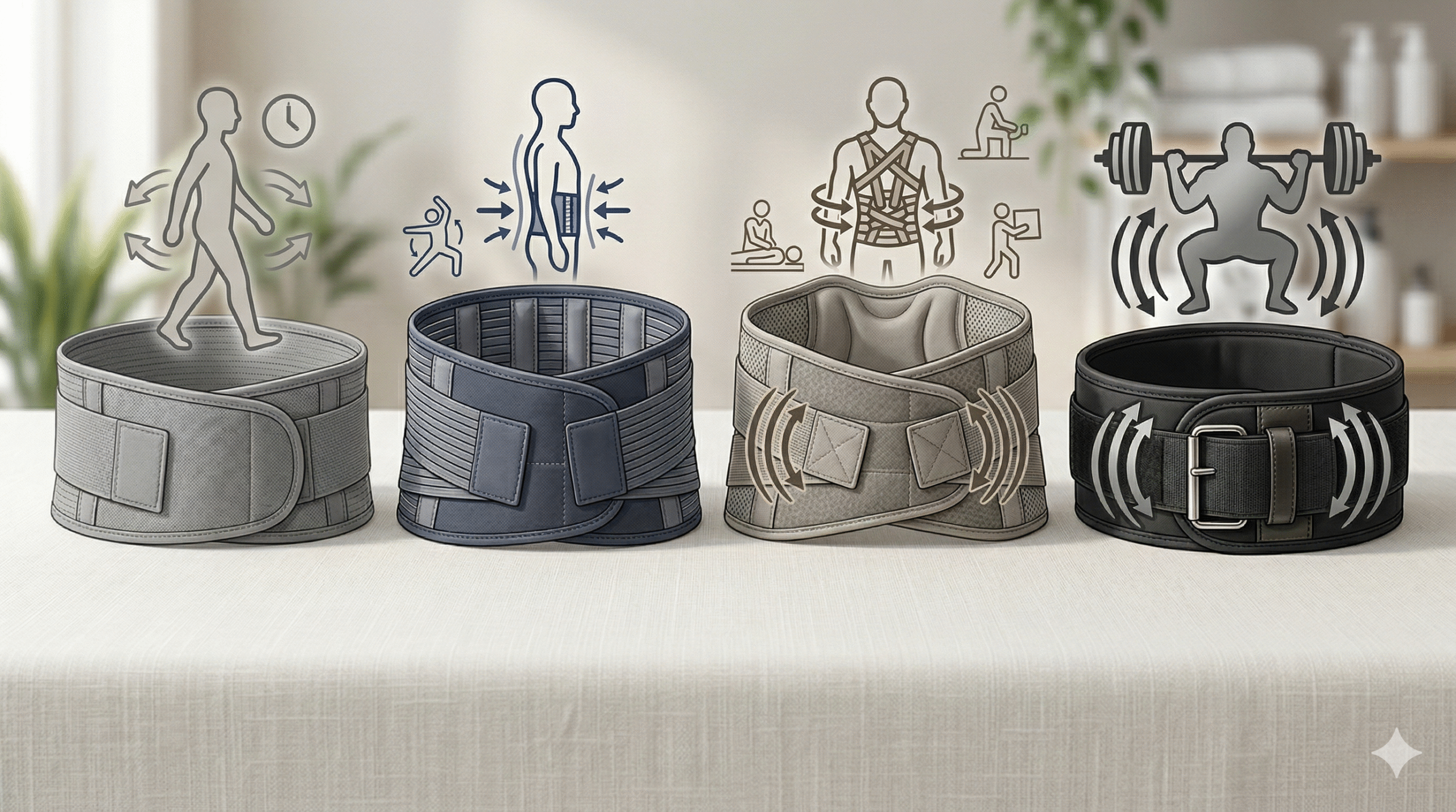 Comparación visual entre faja lumbar ortopédica, sacrolumbar y dorsolumbar