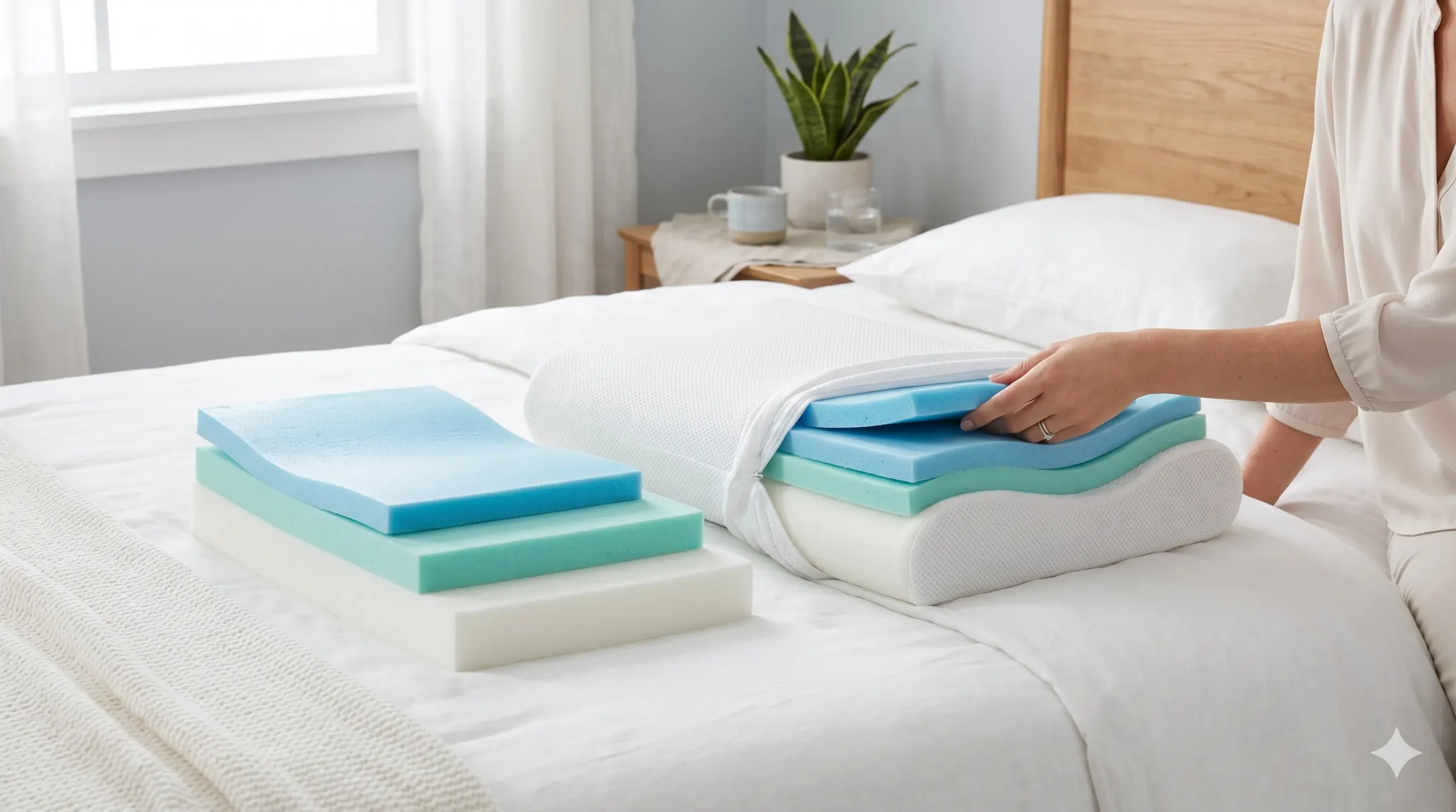Almohada cervical de gel con capas ajustables mostrando diferentes alturas disponibles