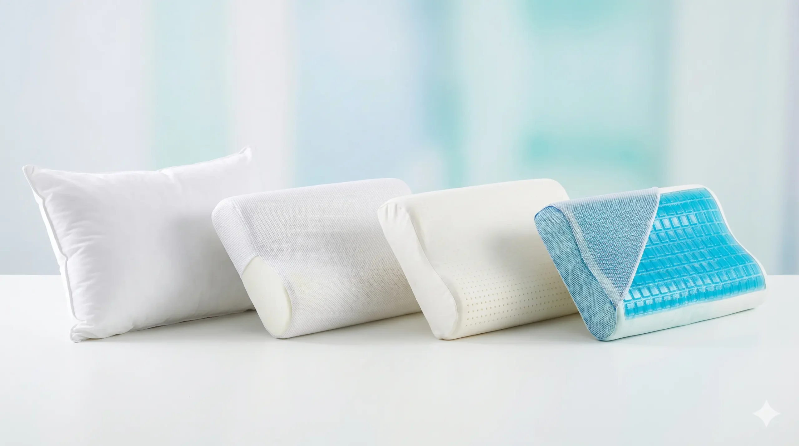 Comparativa de almohada cervical de gel frente a viscoelástica y látex sobre superficie blanca
