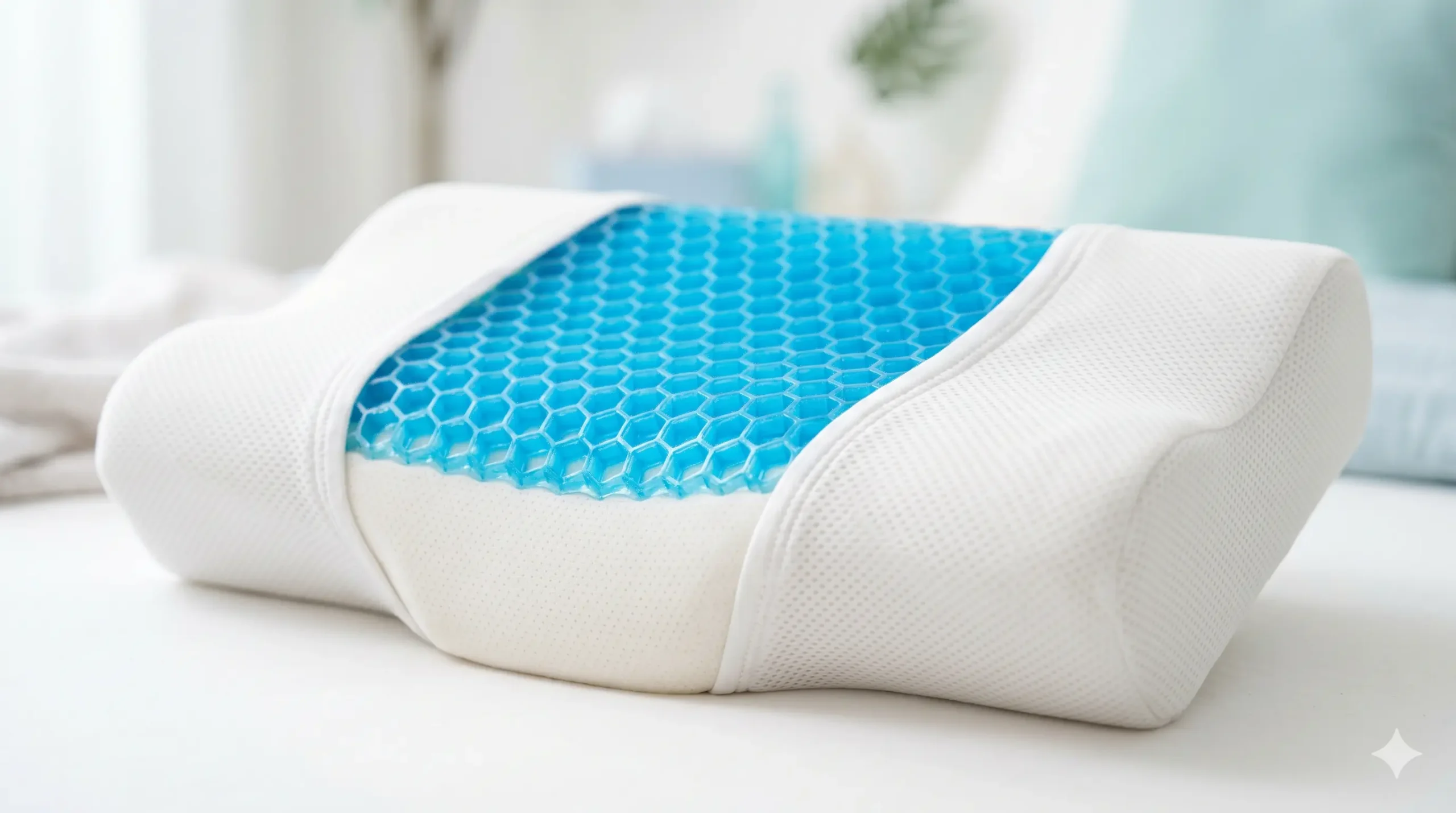 Sección transversal de una almohada cervical de gel mostrando la capa de gel sobre la viscoelástica