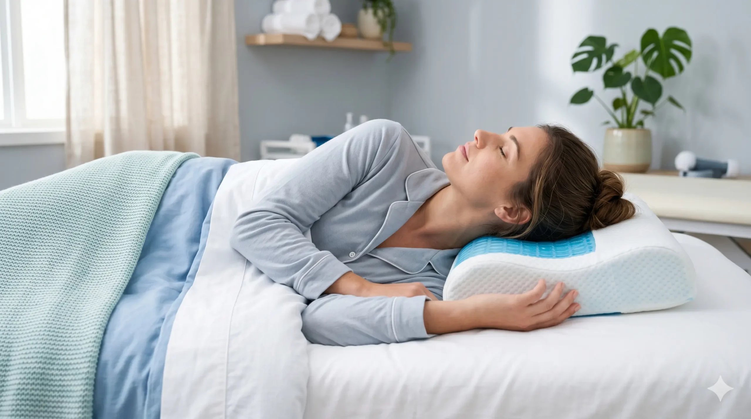 Almohada cervical de gel sobre cama con funda transpirable, mostrando la capa de gel