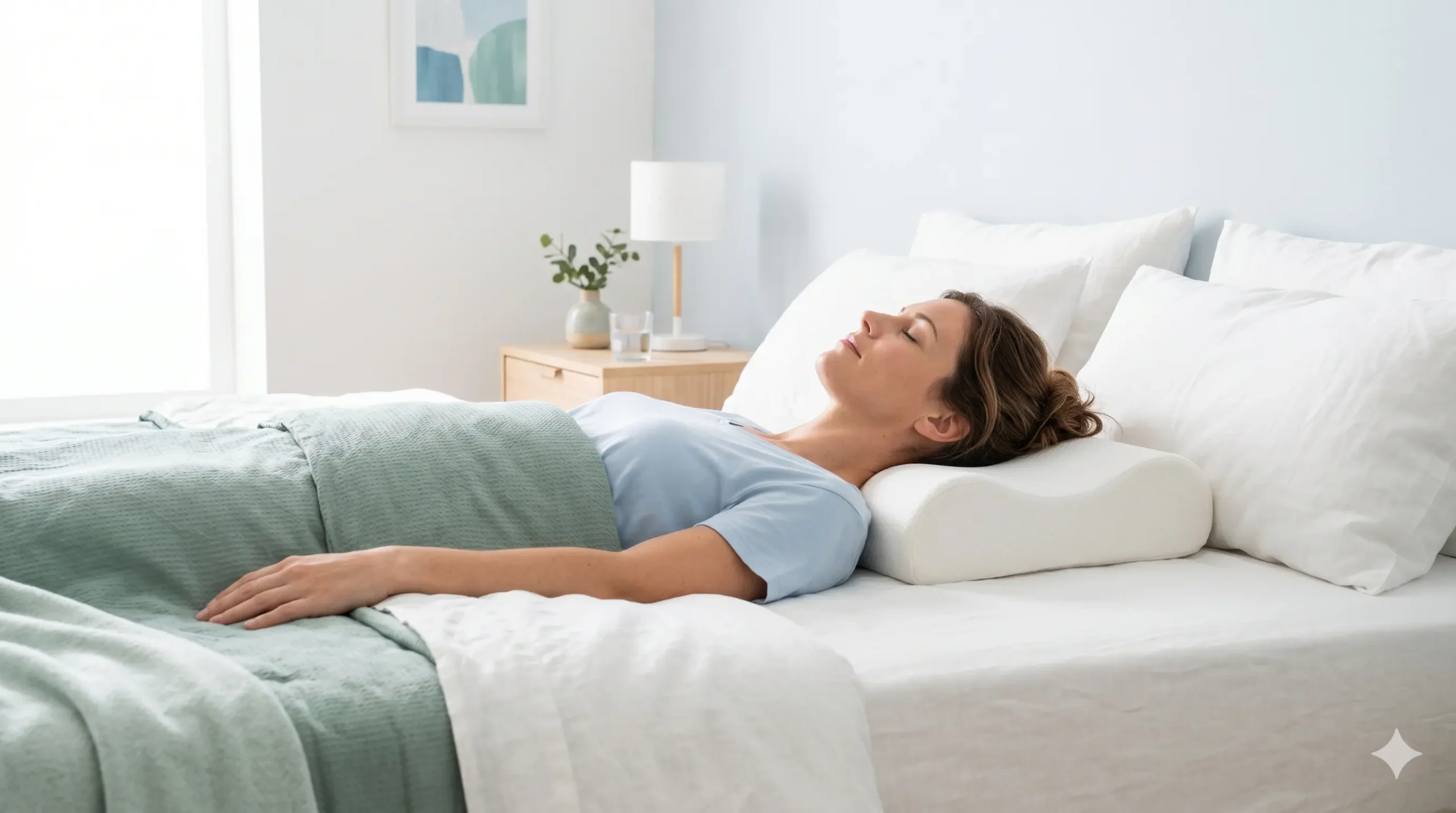 Persona descansando con una almohada cervical que ayuda a mantener el cuello alineado