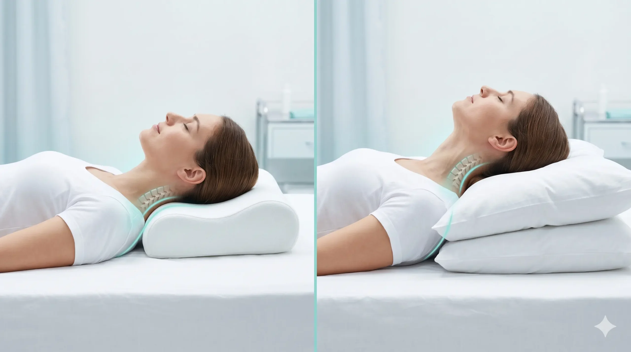 Comparación visual de alineación cervical correcta e incorrecta con almohada