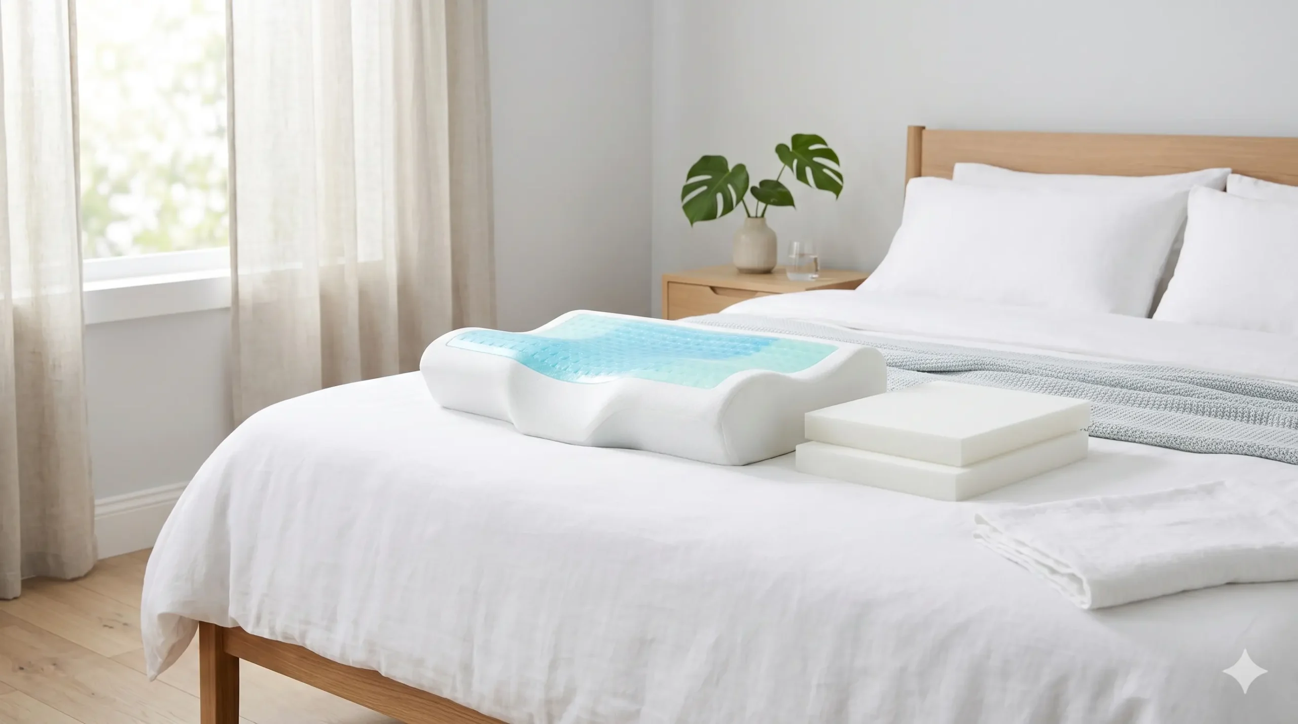 Almohada cervical de gel Newentor sobre cama ordenada con almohada en posición de uso