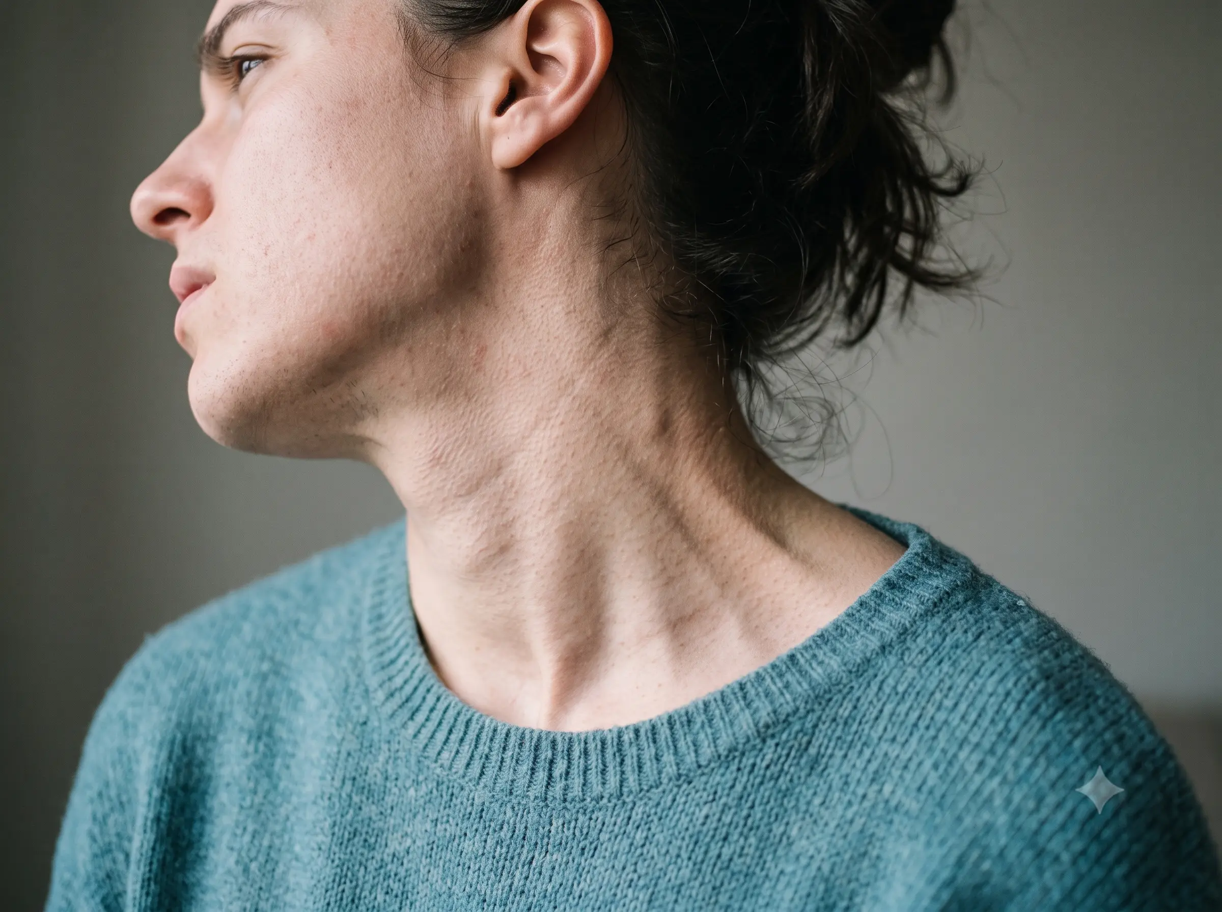 Primer plano de cuello y hombros con gesto de tensión al girar la cabeza