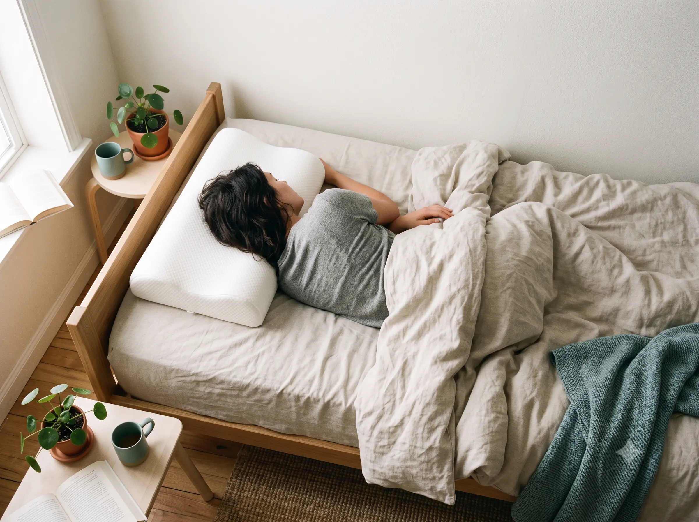 Persona durmiendo de lado con almohada cervical vista desde arriba de la cama