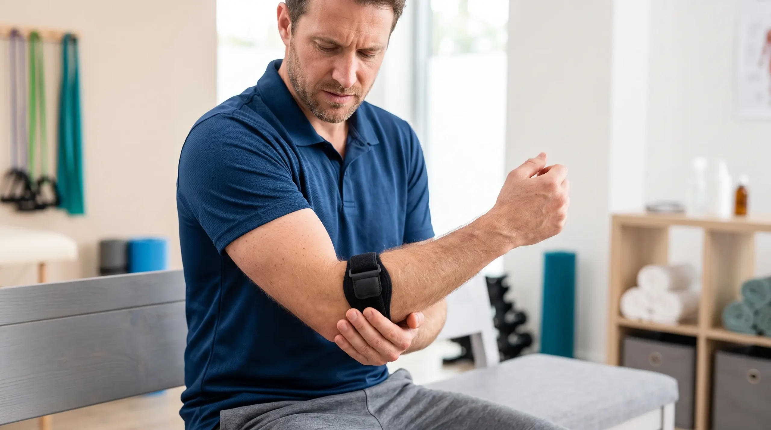 Colocación correcta de una banda para epicondilitis en el antebrazo proximal