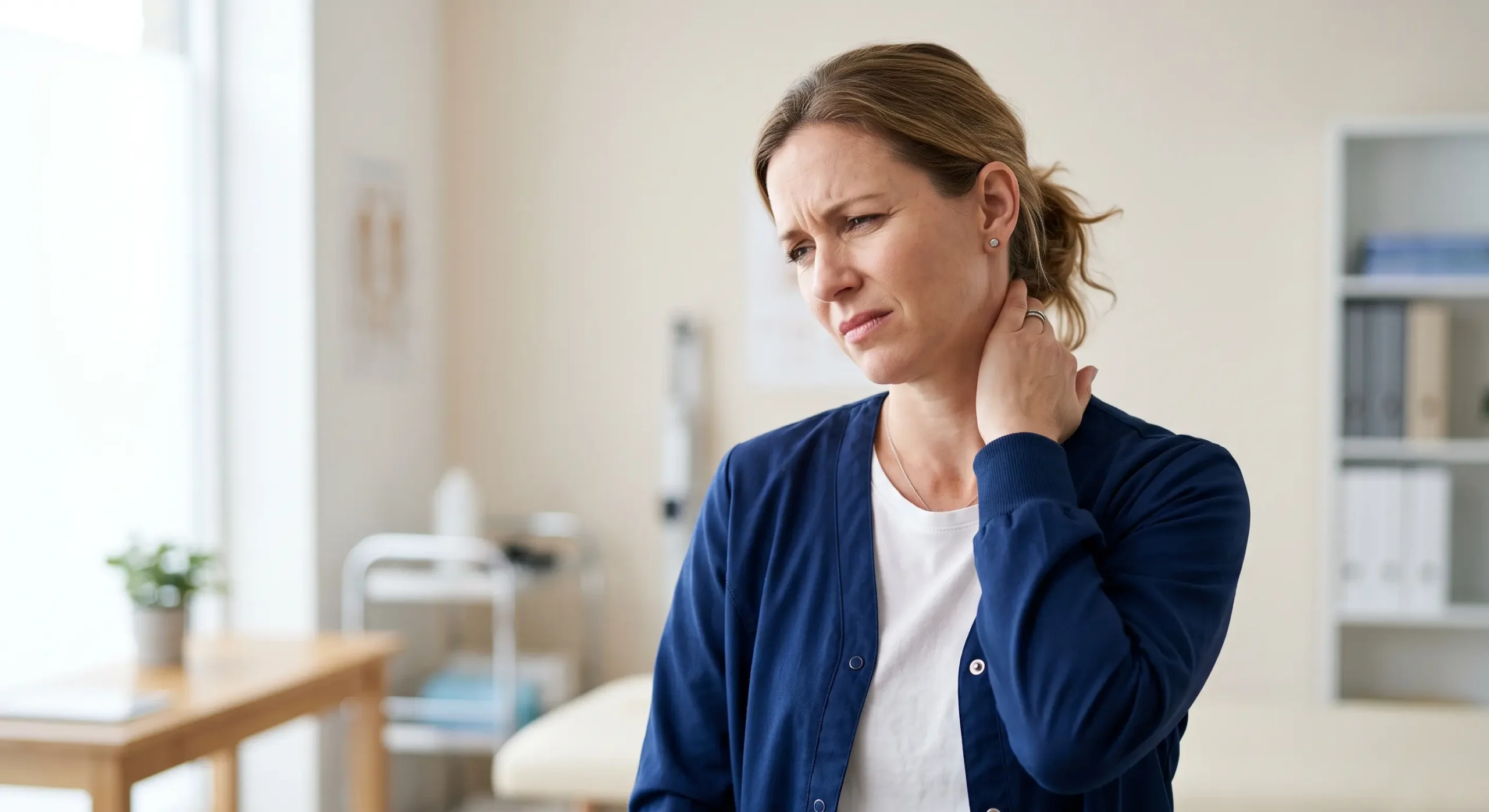 Persona señalando dolor en la zona cervical y la parte posterior del cuello