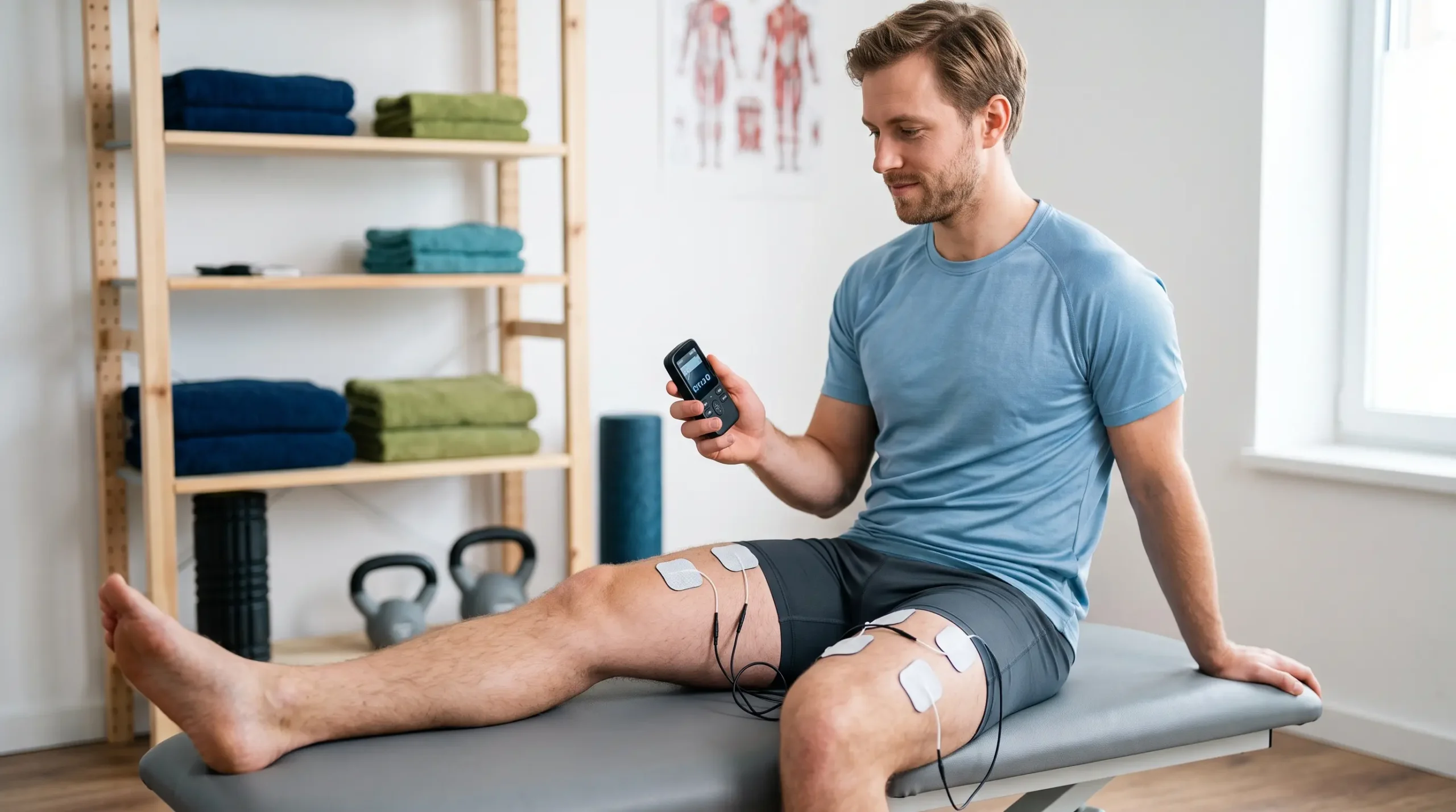 Electroestimulador muscular EMS con electrodos colocados sobre el cuádriceps
