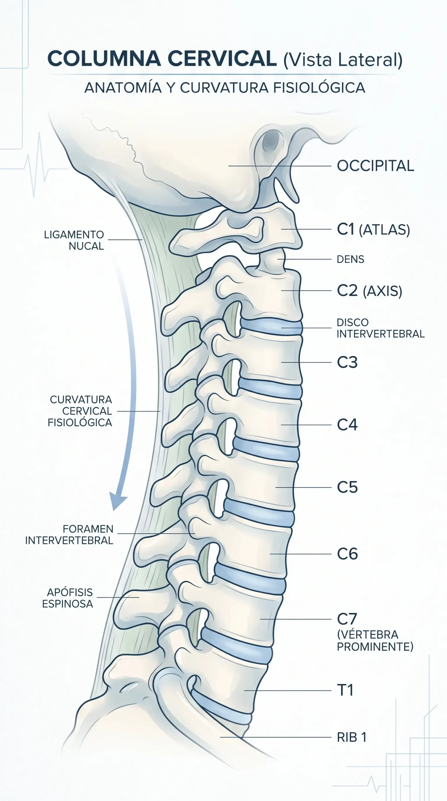 Ilustración anatómica de la columna cervical con las vértebras cervicales y su curvatura natural