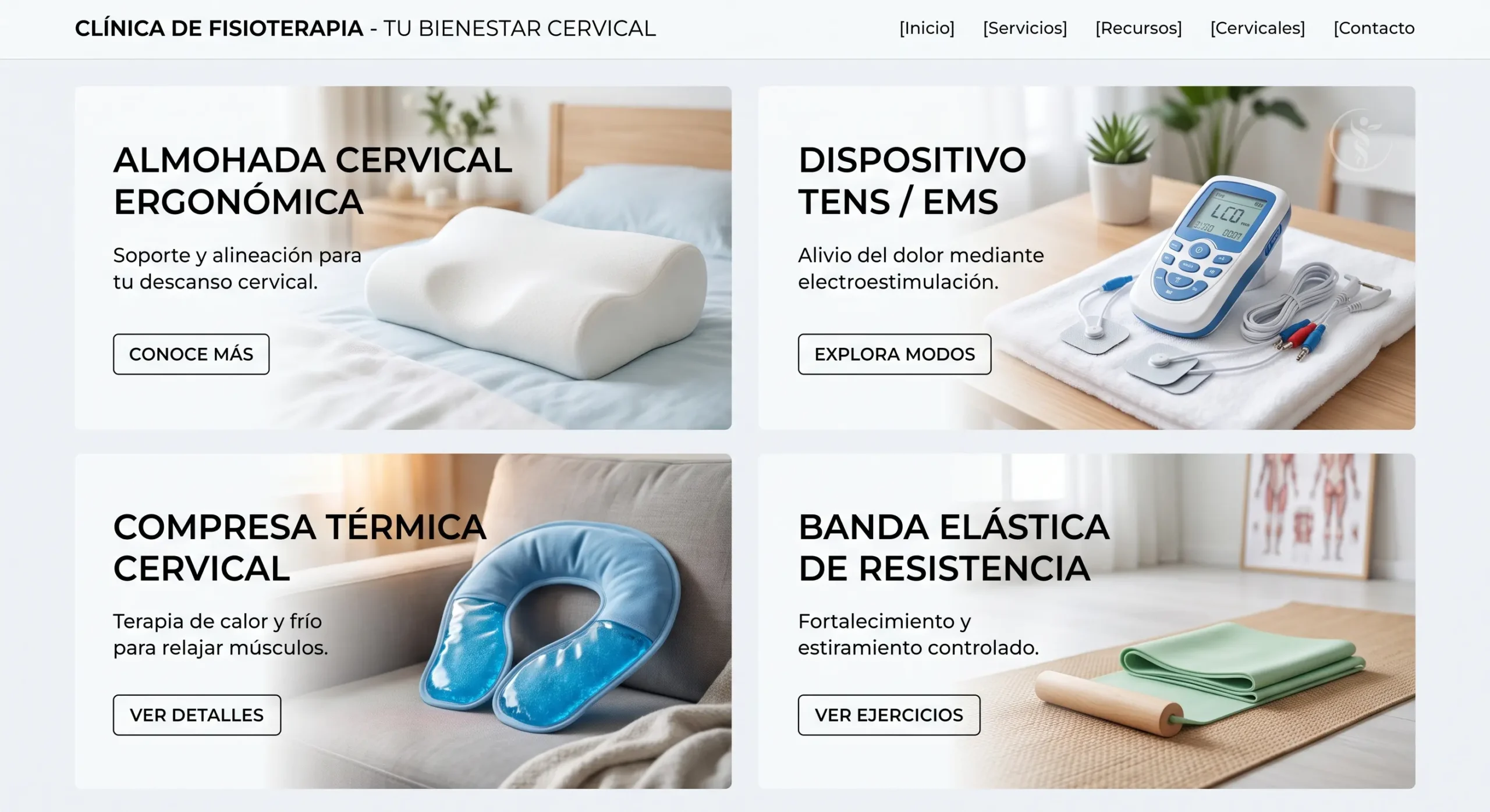 Herramientas complementarias para cervicales como almohada cervical, TENS, calor y bandas elásticas