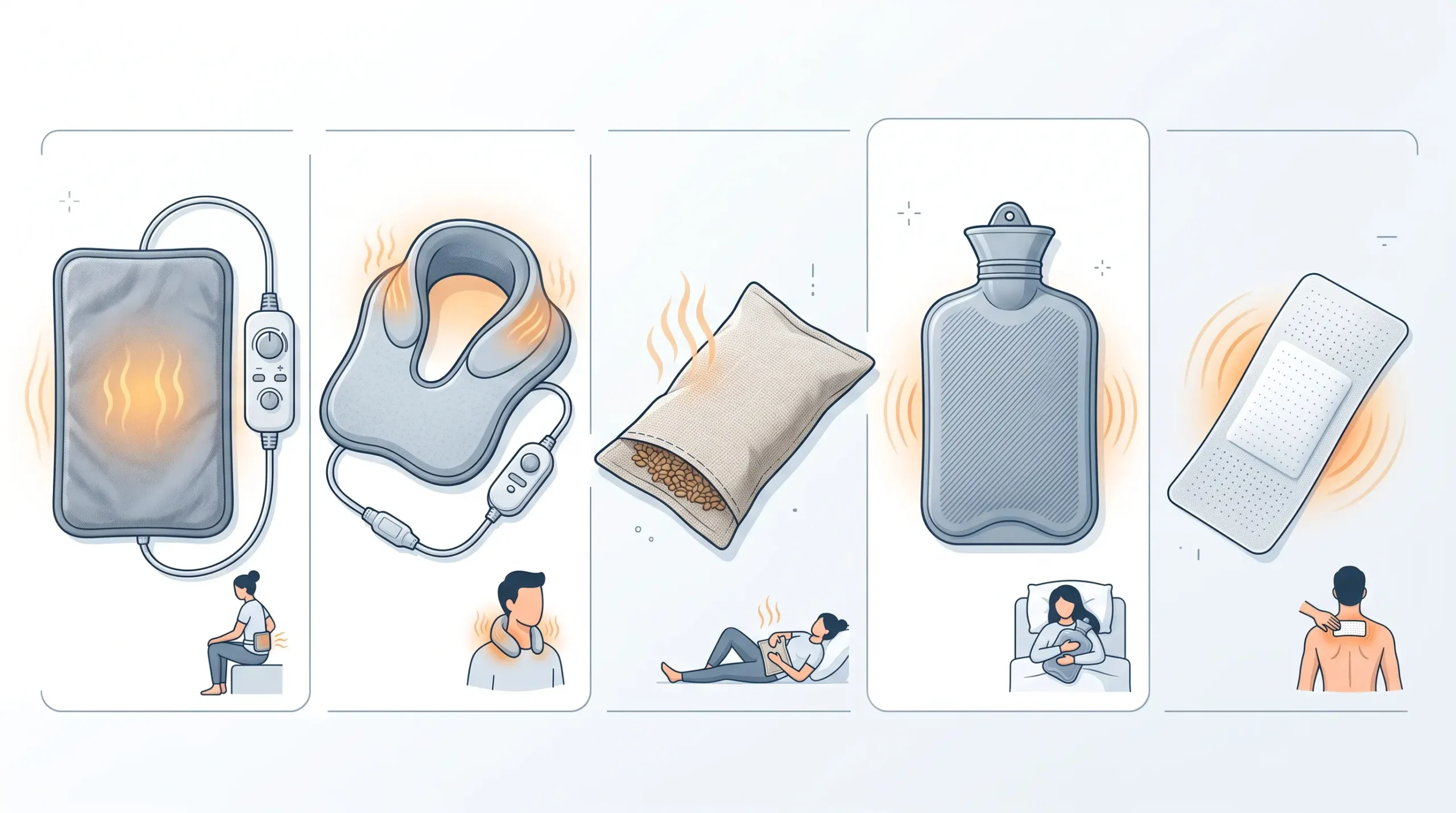 Formatos de termoterapia superficial: almohadilla térmica, almohadilla cervical, saco de semillas, bolsa de agua caliente y parche térmico